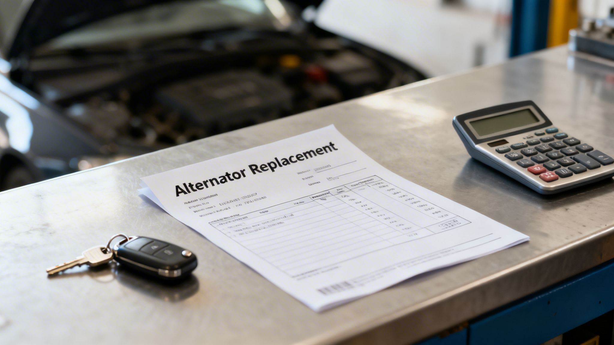 An alternator replacement cost estimate document, car keys, and a calculator on a workbench in a garage.