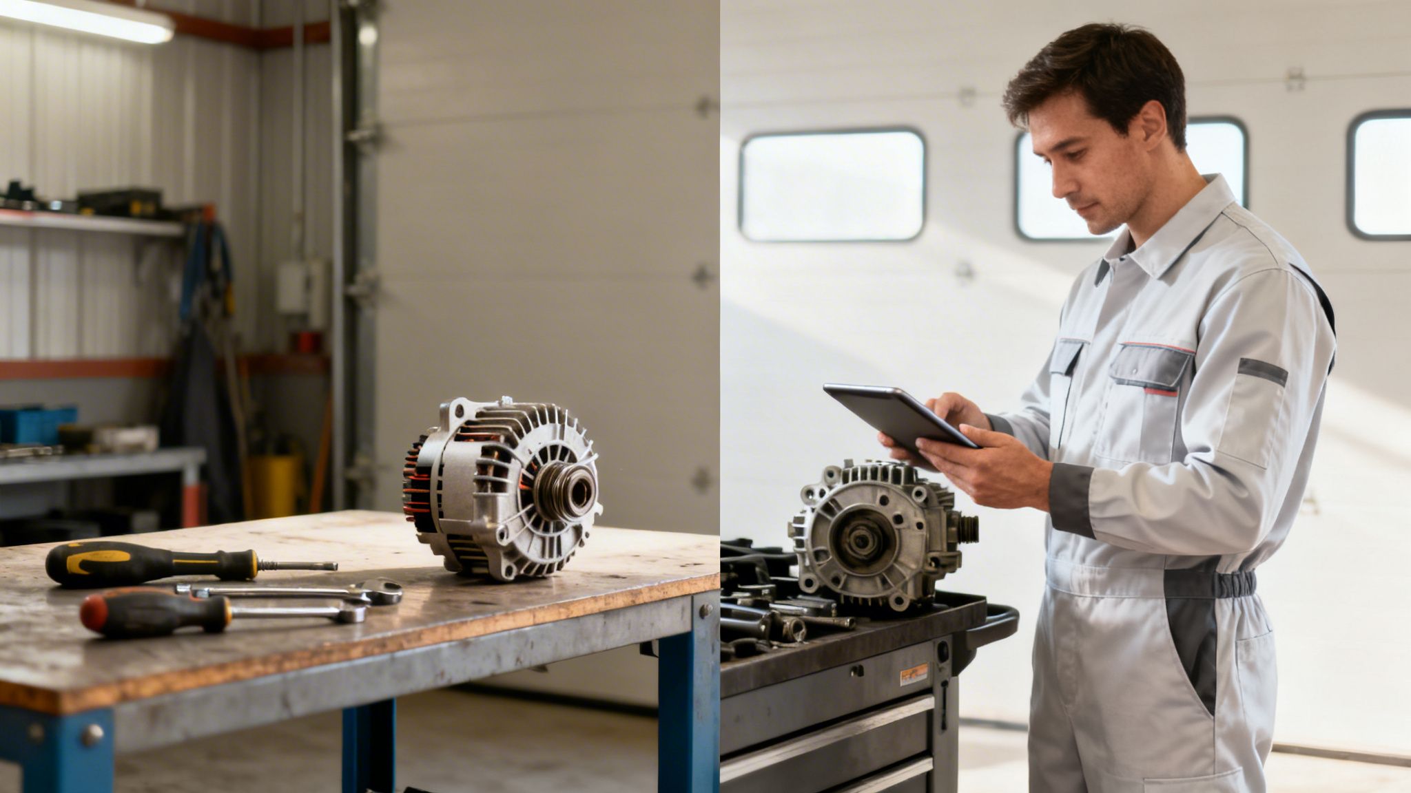 A mechanic inspects an alternator with a tablet in a workshop, next to tools and another alternator.
