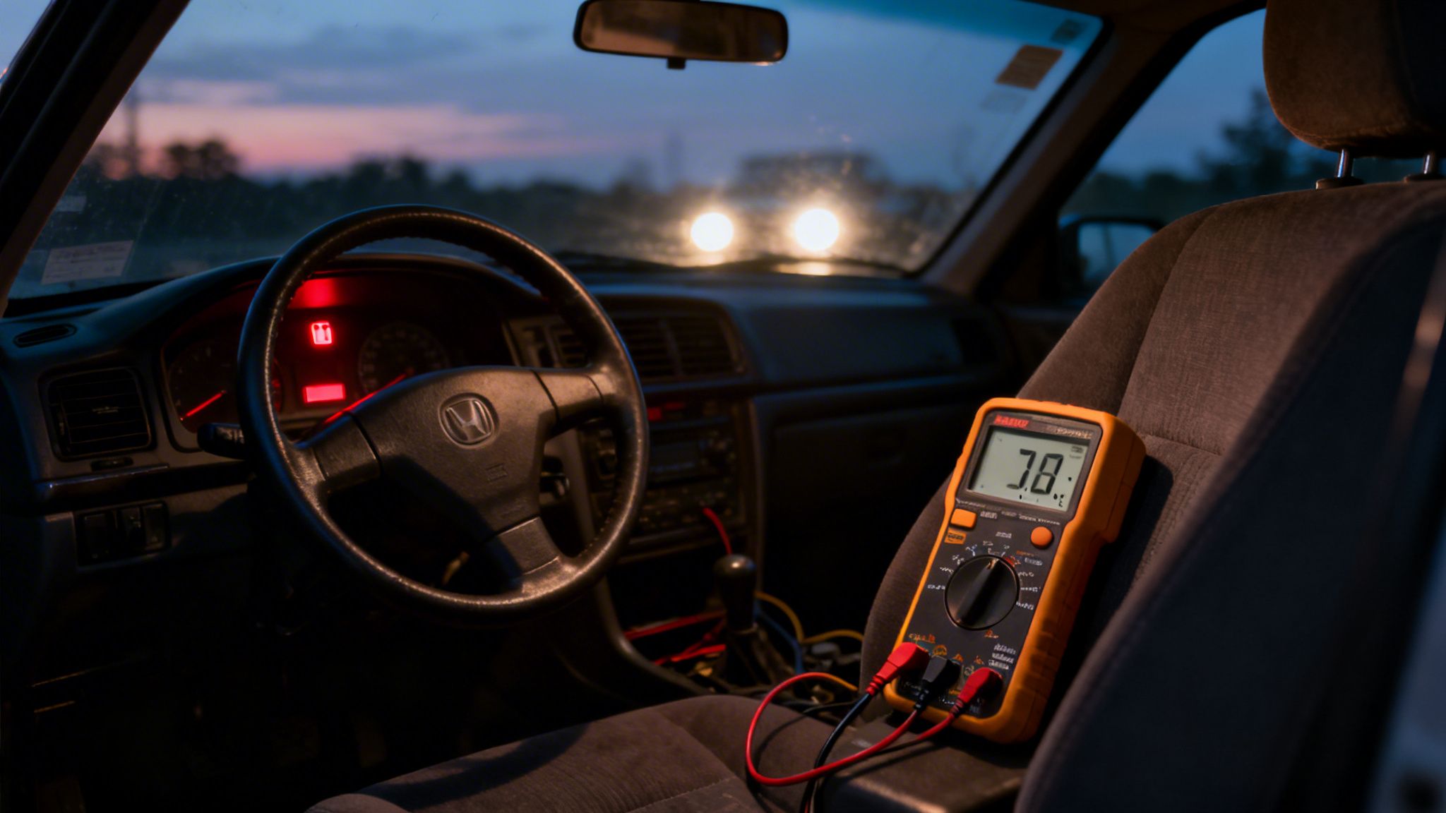 Inside a car at dusk, a multimeter displaying '3.8' rests on the passenger seat, with dashboard warning lights illuminated.