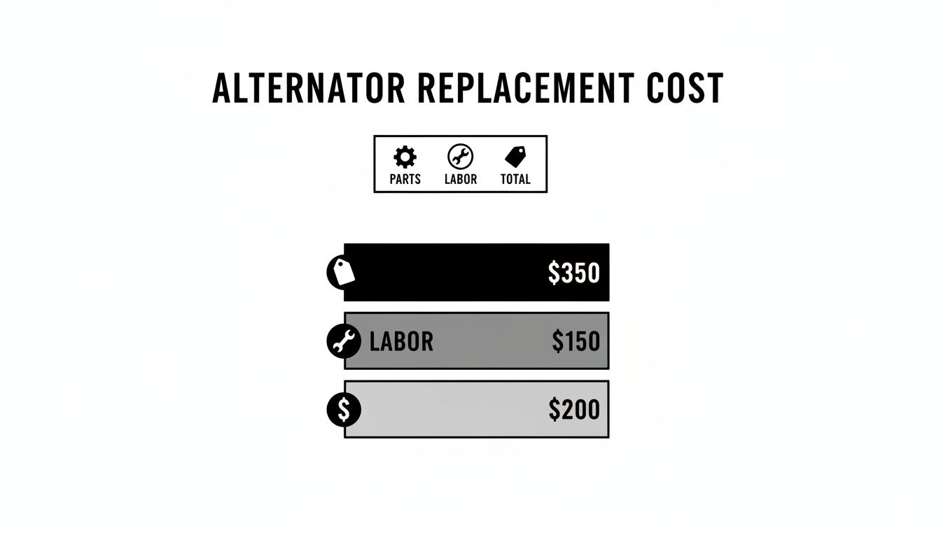 An infographic detailing the cost breakdown for an alternator replacement, including parts, labor, and total.