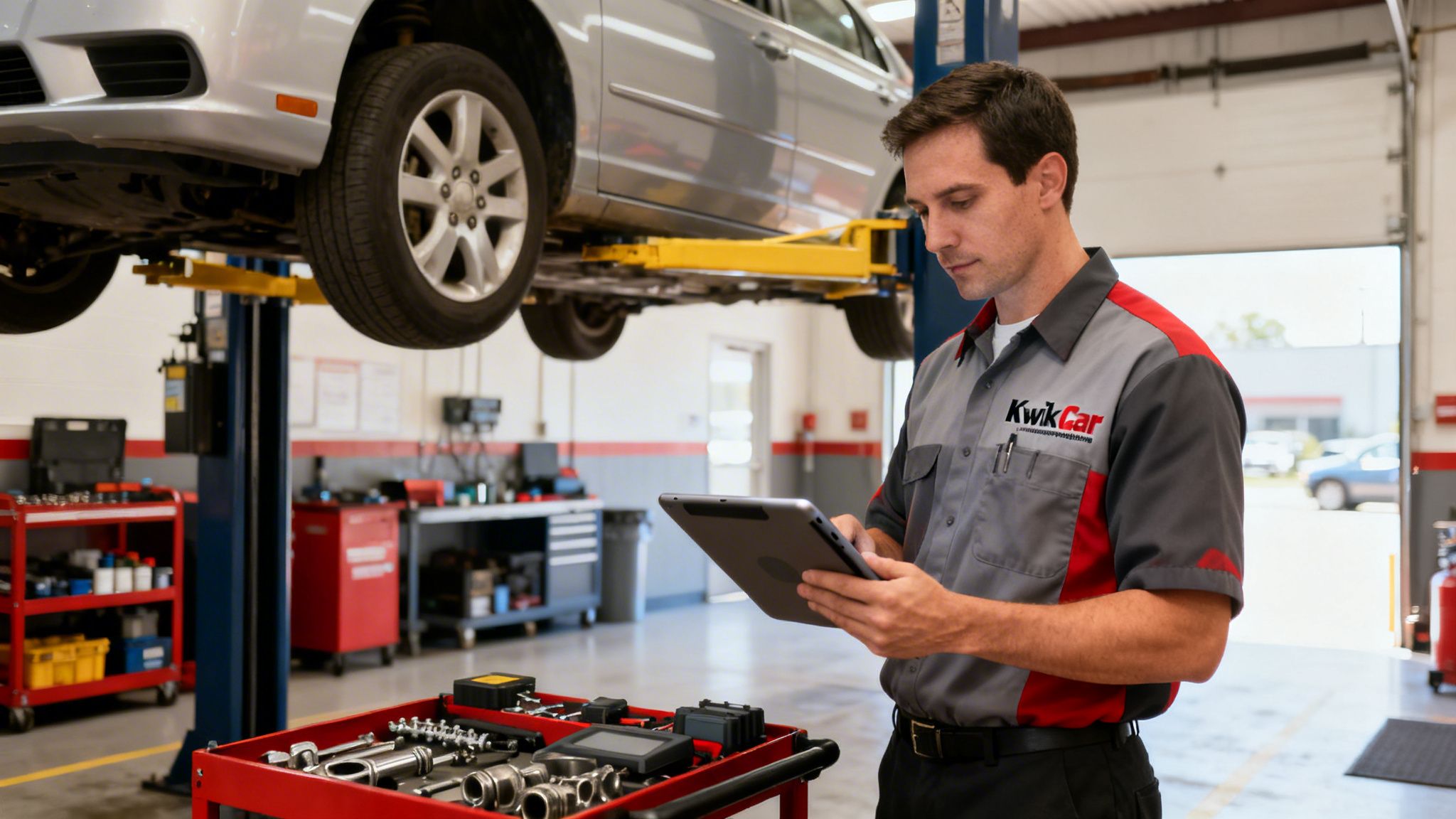 A male mechanic in a Kwik Car uniform uses a tablet next to a car on a lift in a repair shop.
