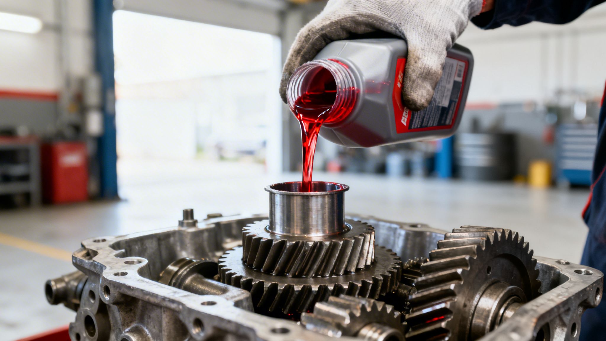 A gloved hand pours red transmission fluid into an open automatic transmission with visible gears.