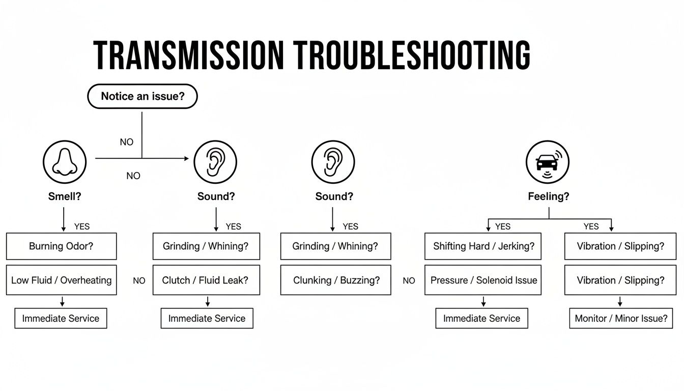A flowchart for transmission troubleshooting, guiding users through symptoms like smell, sound, and feeling to identify issues.