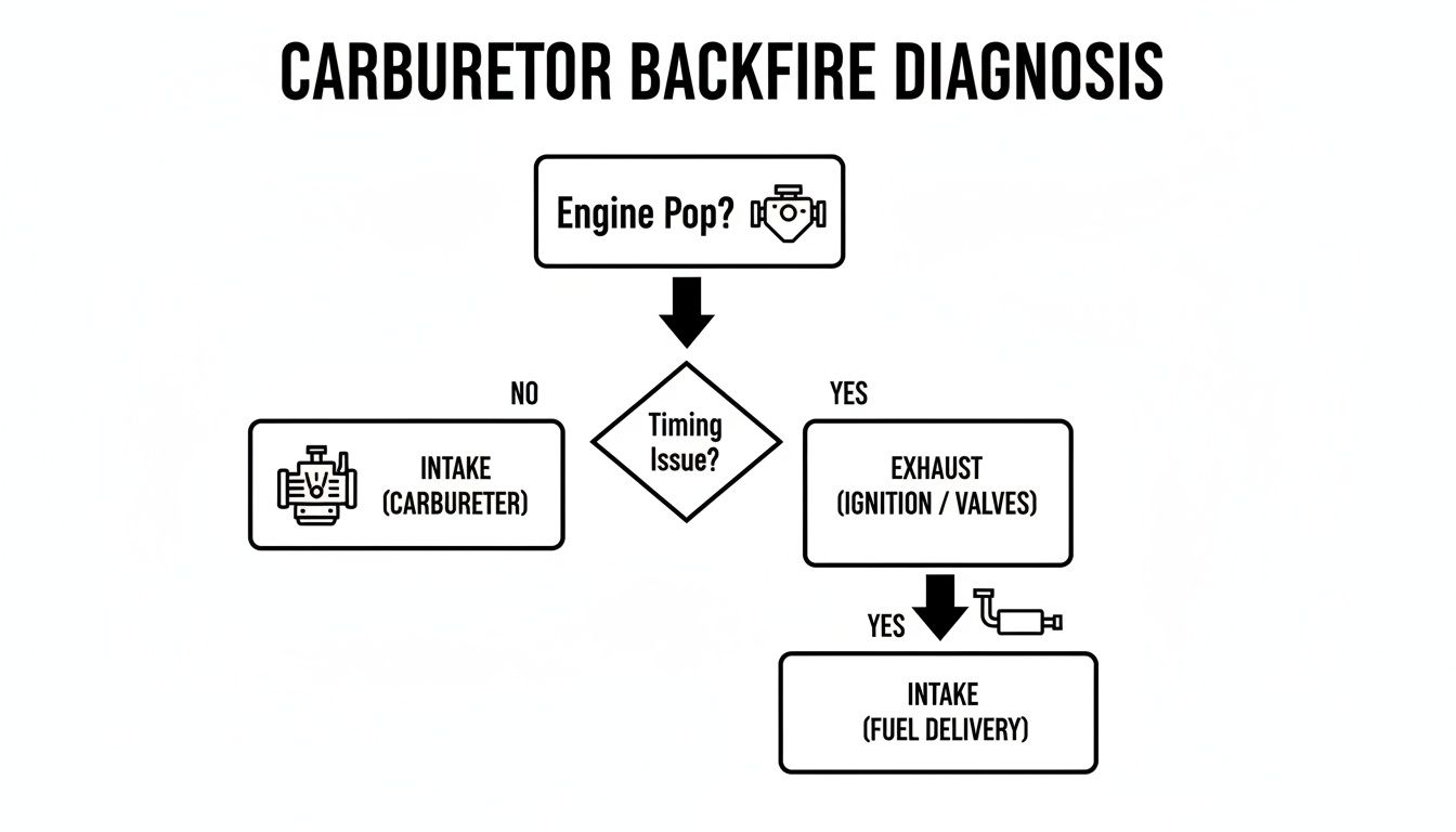 Flowchart illustrating carburetor backfire diagnosis, guiding through engine pop, timing, intake, exhaust, and fuel delivery issues.
