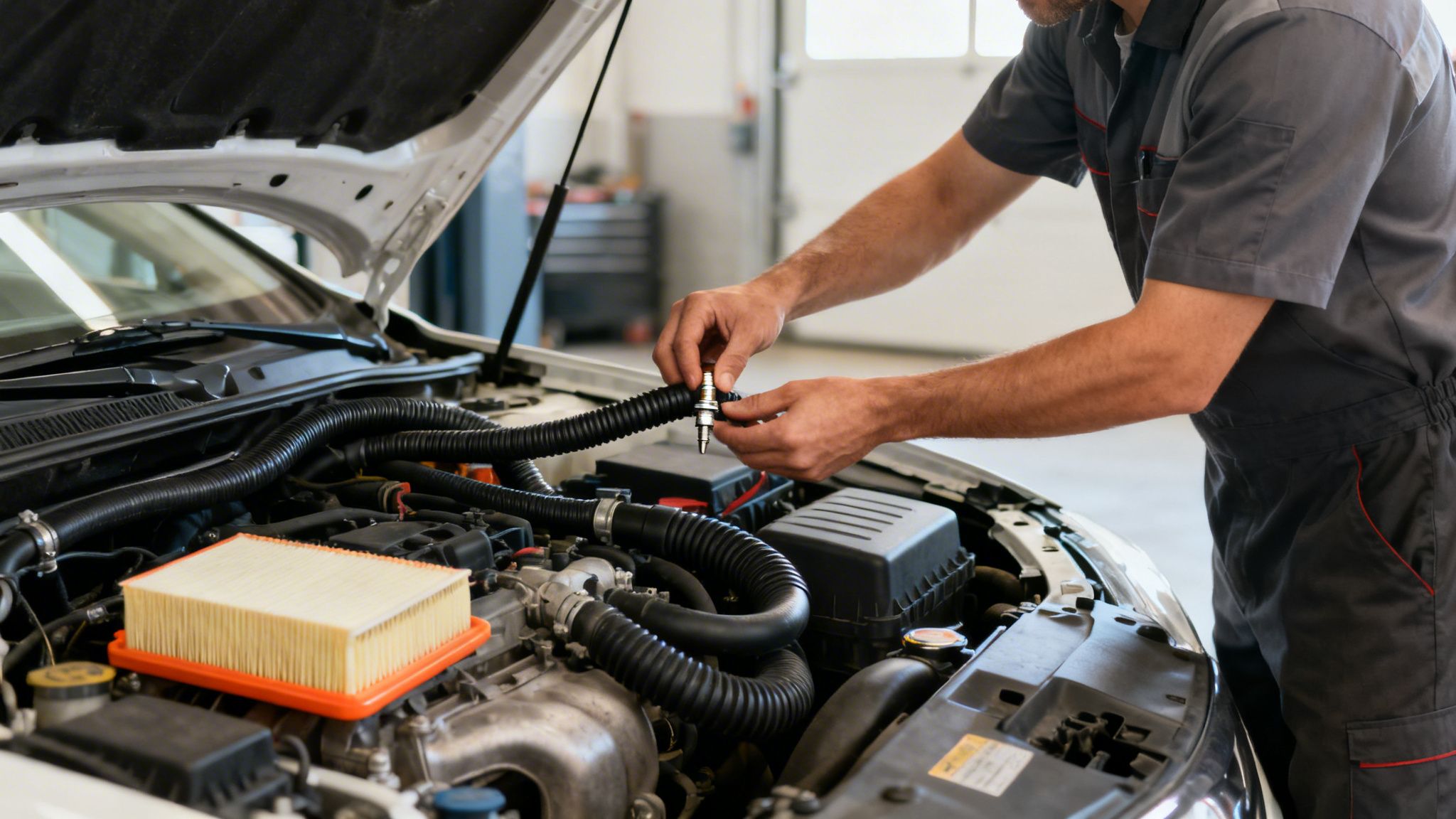 A mechanic in uniform holds a spark plug while working on a car engine in a garage.