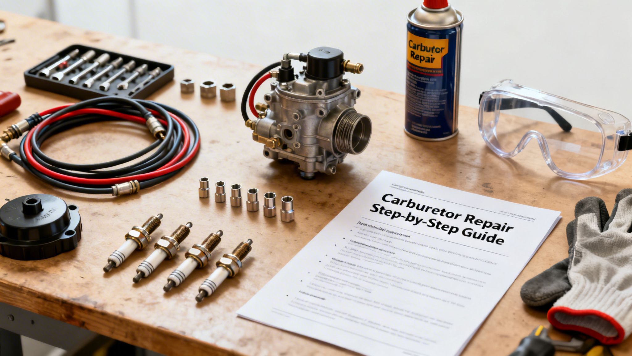 A carburetor, spark plugs, tools, safety gear, and a repair guide laid out on a wooden workbench.