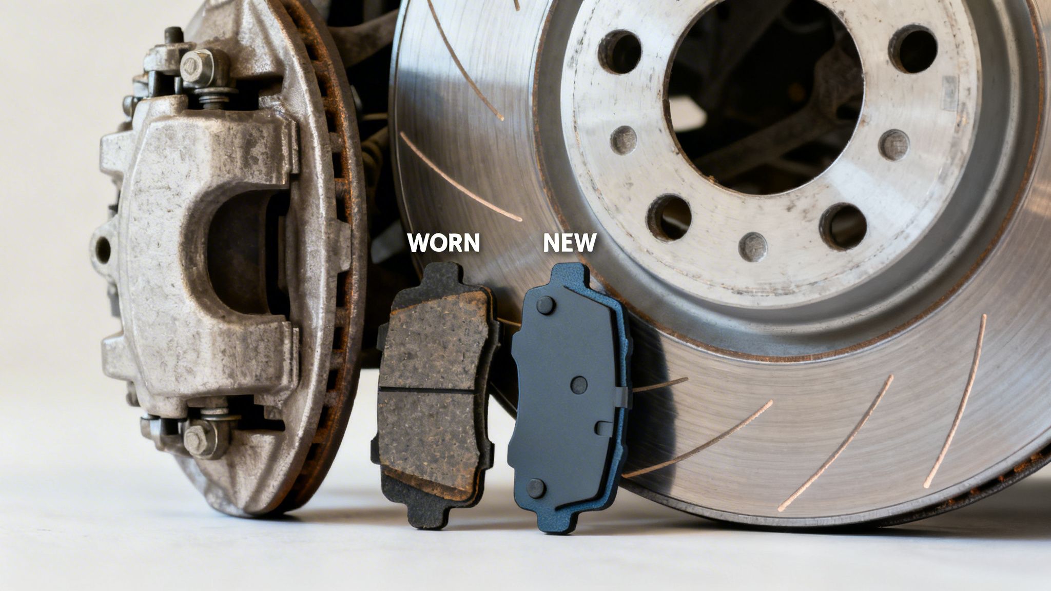 Comparison of a new brake pad and a worn brake pad, alongside a brake rotor and caliper.