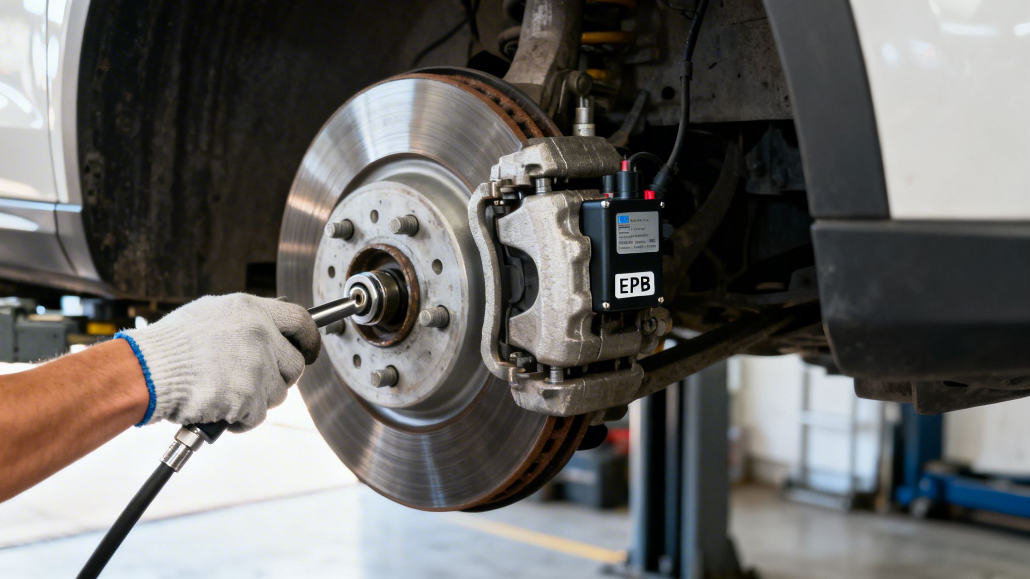 Mechanic's gloved hand tightens a lug nut on a car's brake system, revealing the disc and caliper.
