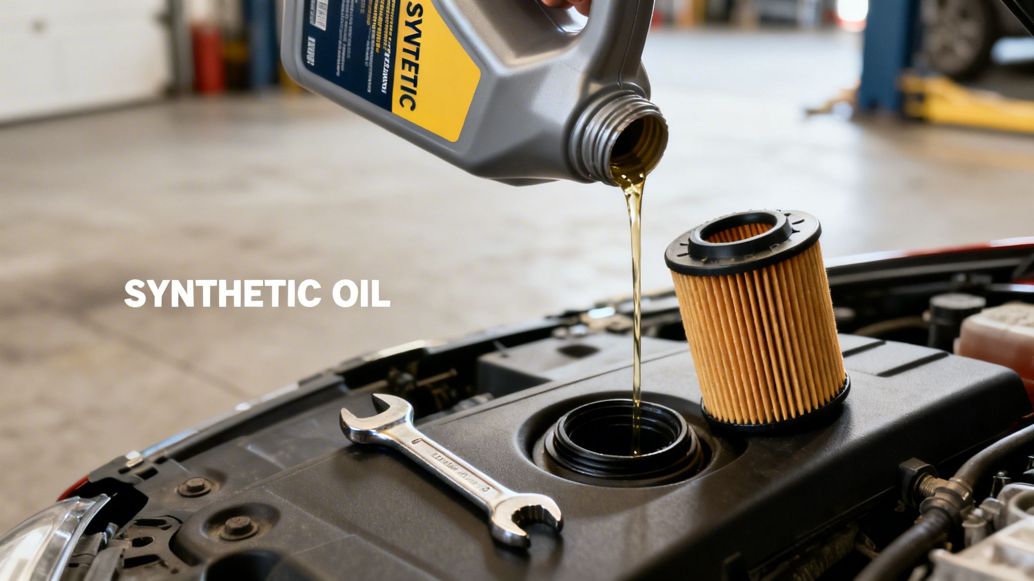 A hand pours synthetic oil from a gray bottle into a car engine, with an oil filter and wrench visible.