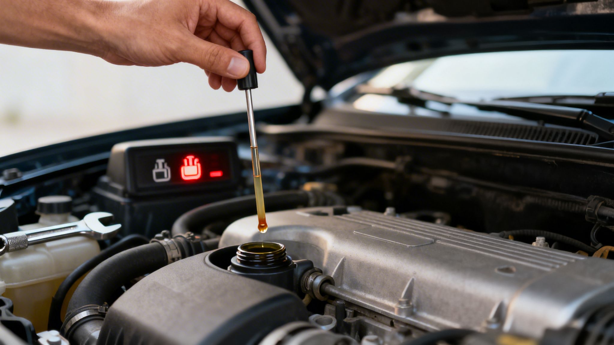 A hand adds engine oil to a car engine using a dropper, with a red oil warning light illuminated.