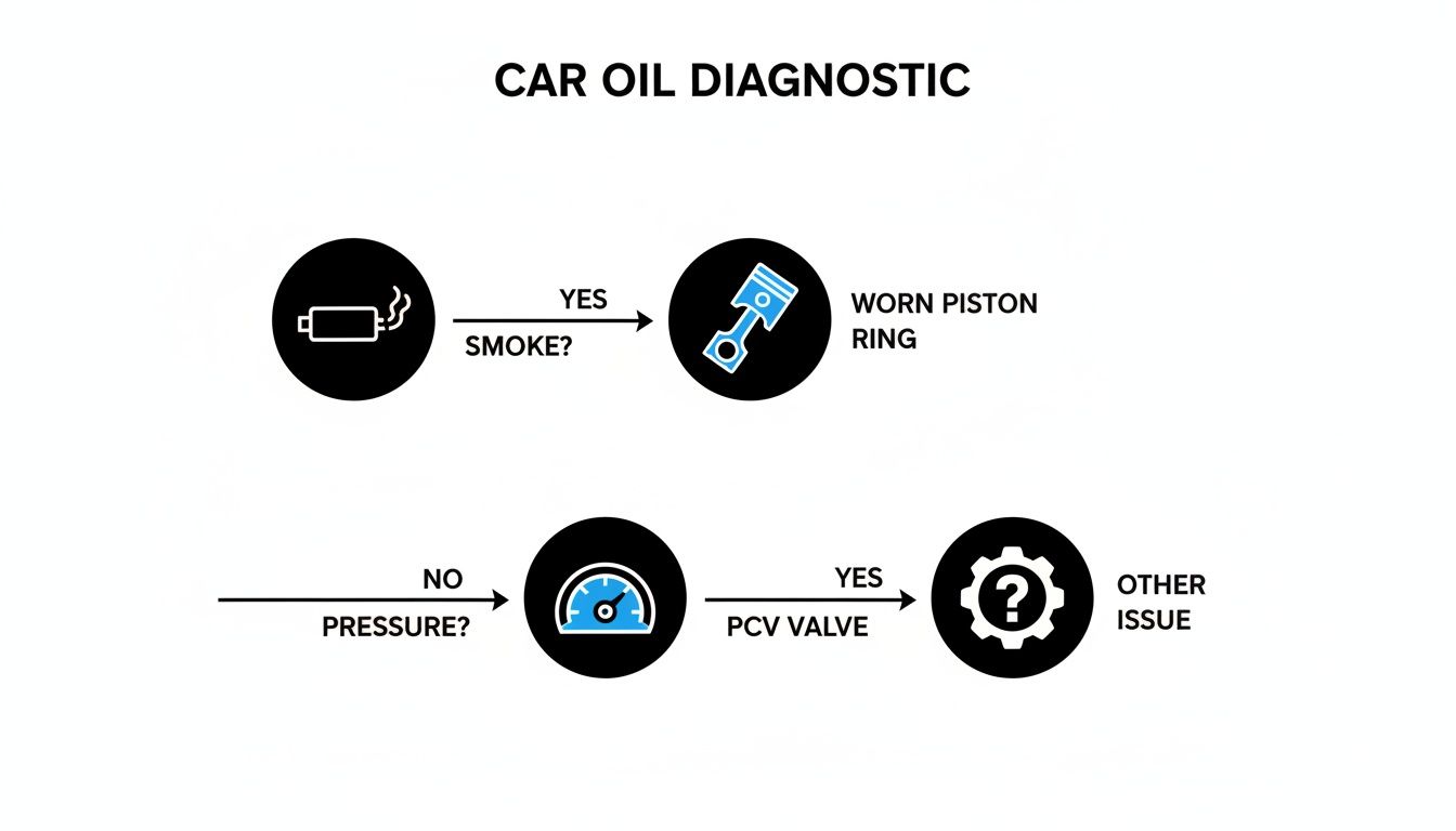 A car oil diagnostic flowchart showing issues like worn piston ring, PCV valve, or other problems.