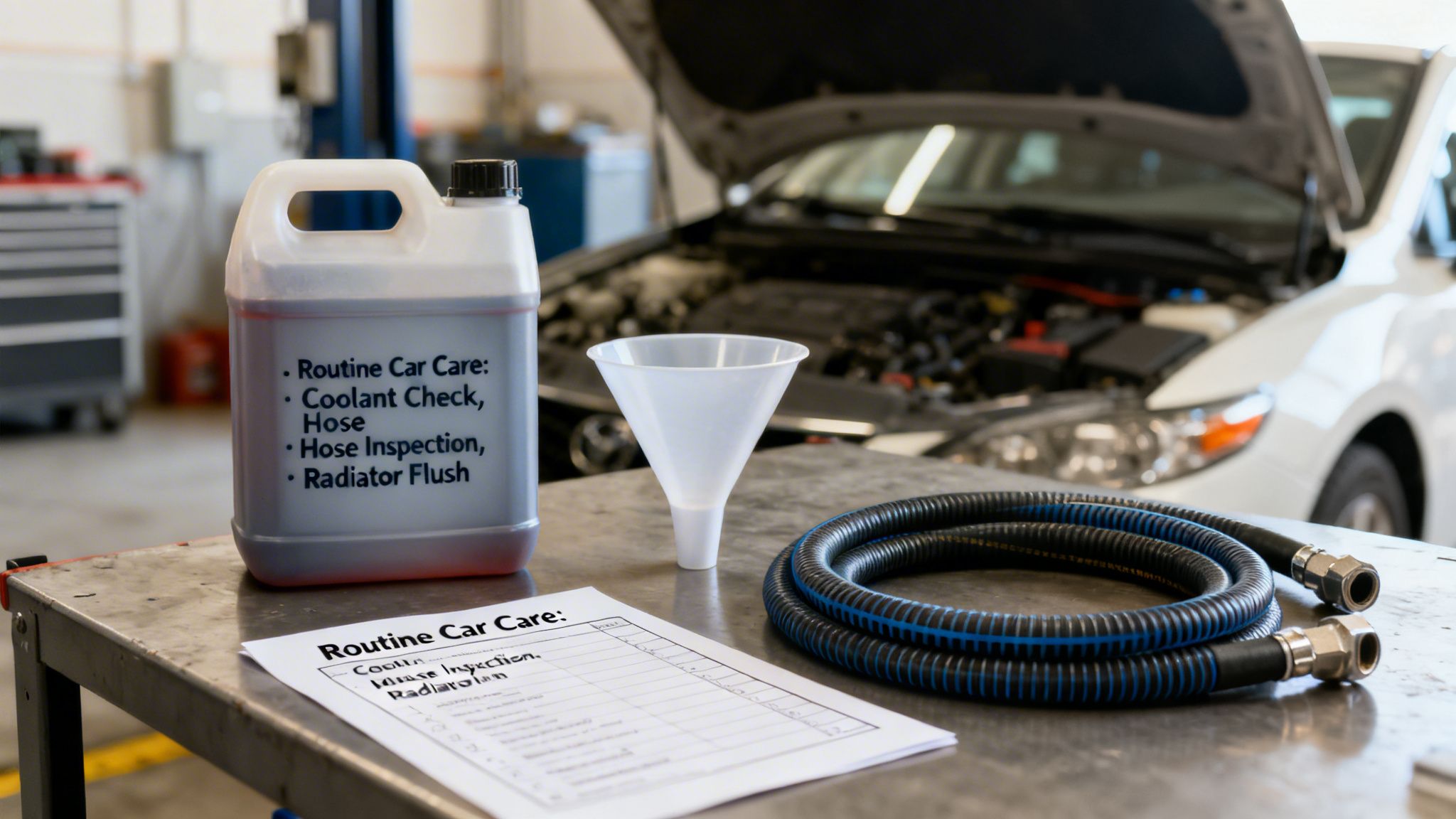 Routine car care items: coolant, funnel, hose, and checklist, on a garage workbench.