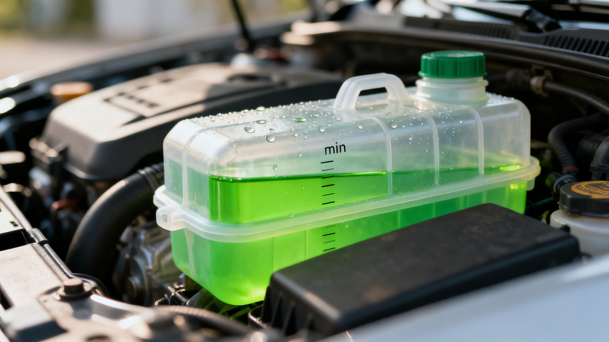 Bright green coolant visible in a translucent reservoir under a car's open hood, showing 'min' level.