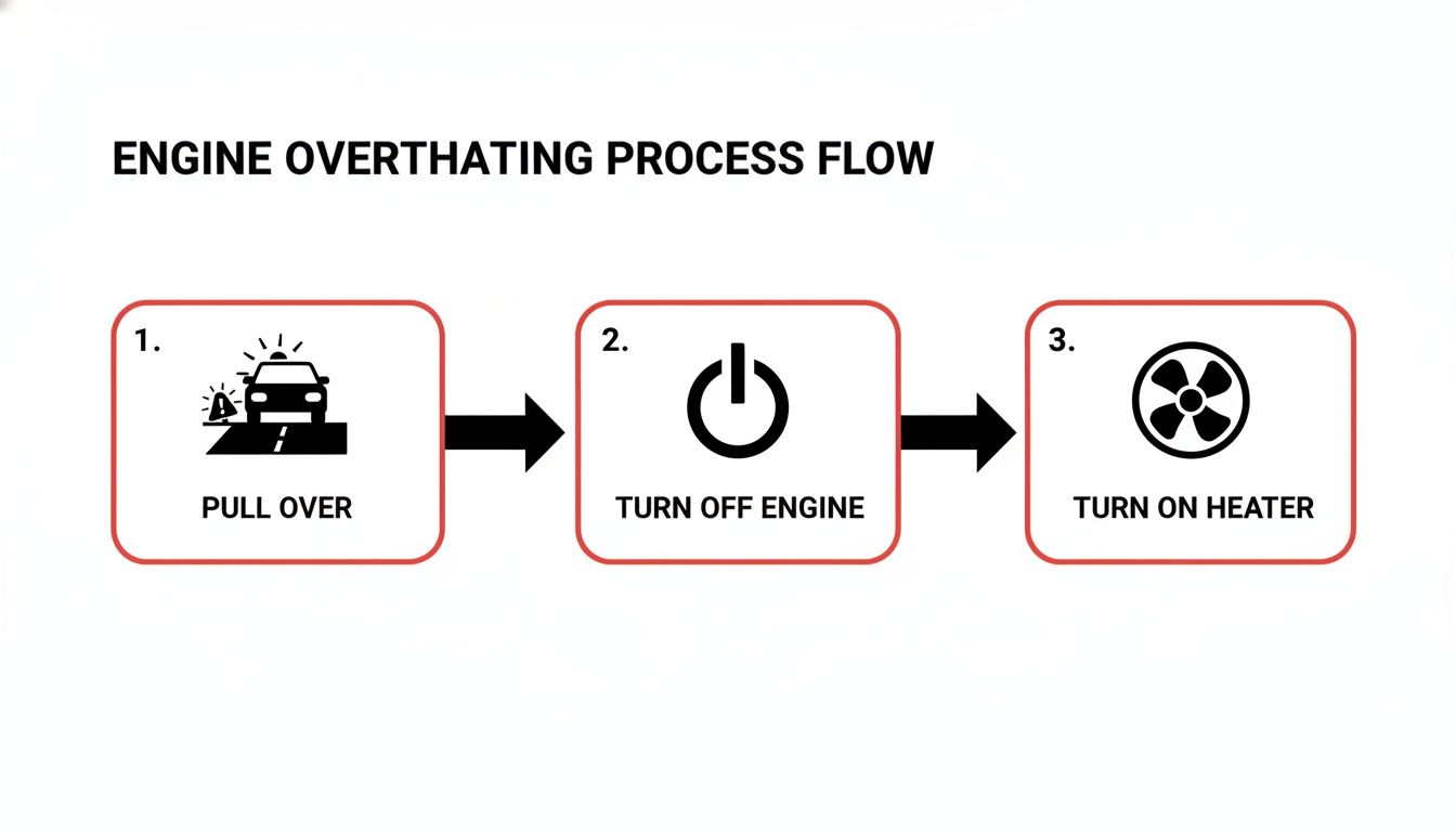 A three-step flowchart showing what to do if a car engine overheats: pull over, turn off engine, then turn on heater.
