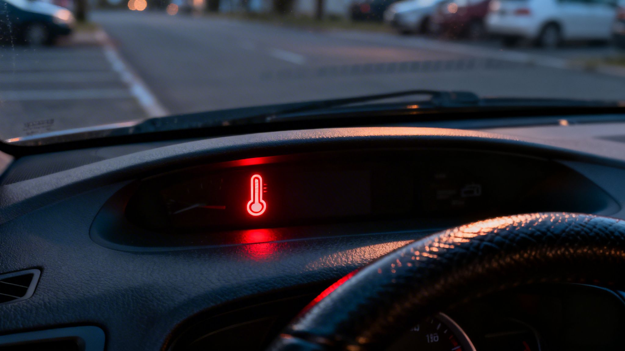 A red thermometer symbol lights up on a car's dashboard, signaling an engine temperature warning.
