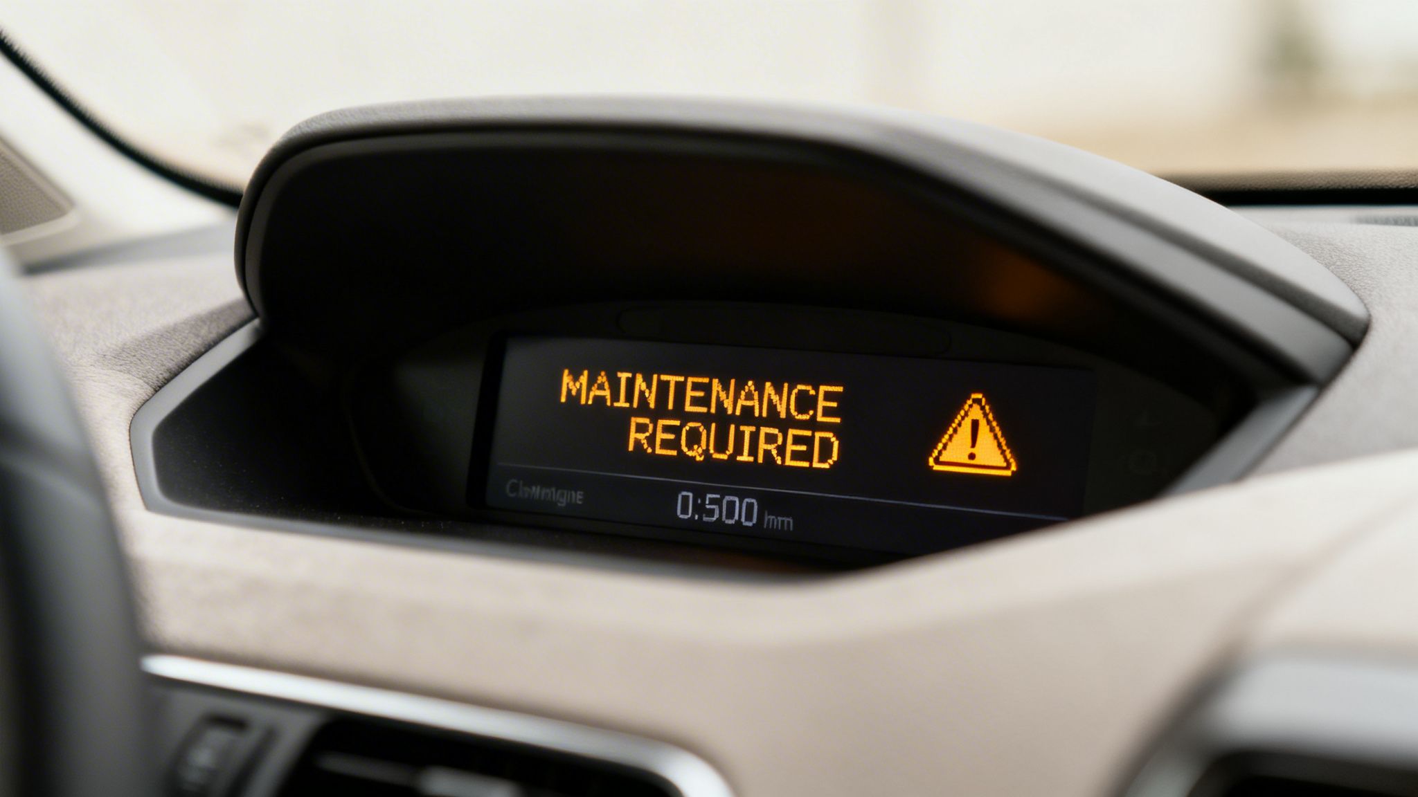 Close-up of a car's digital display showing an orange 'MAINTENANCE REQUIRED' warning.
