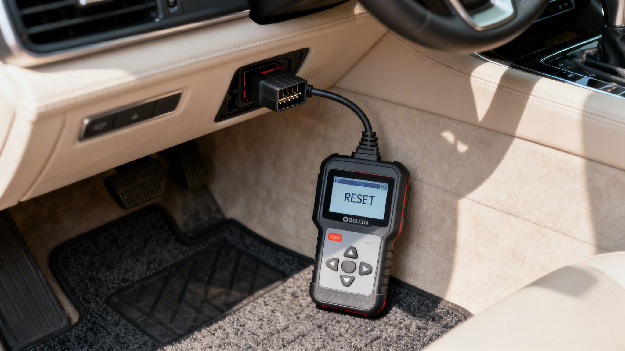 An OBD2 scanner plugged into a car's diagnostic port, displaying 'RESET' on its screen.