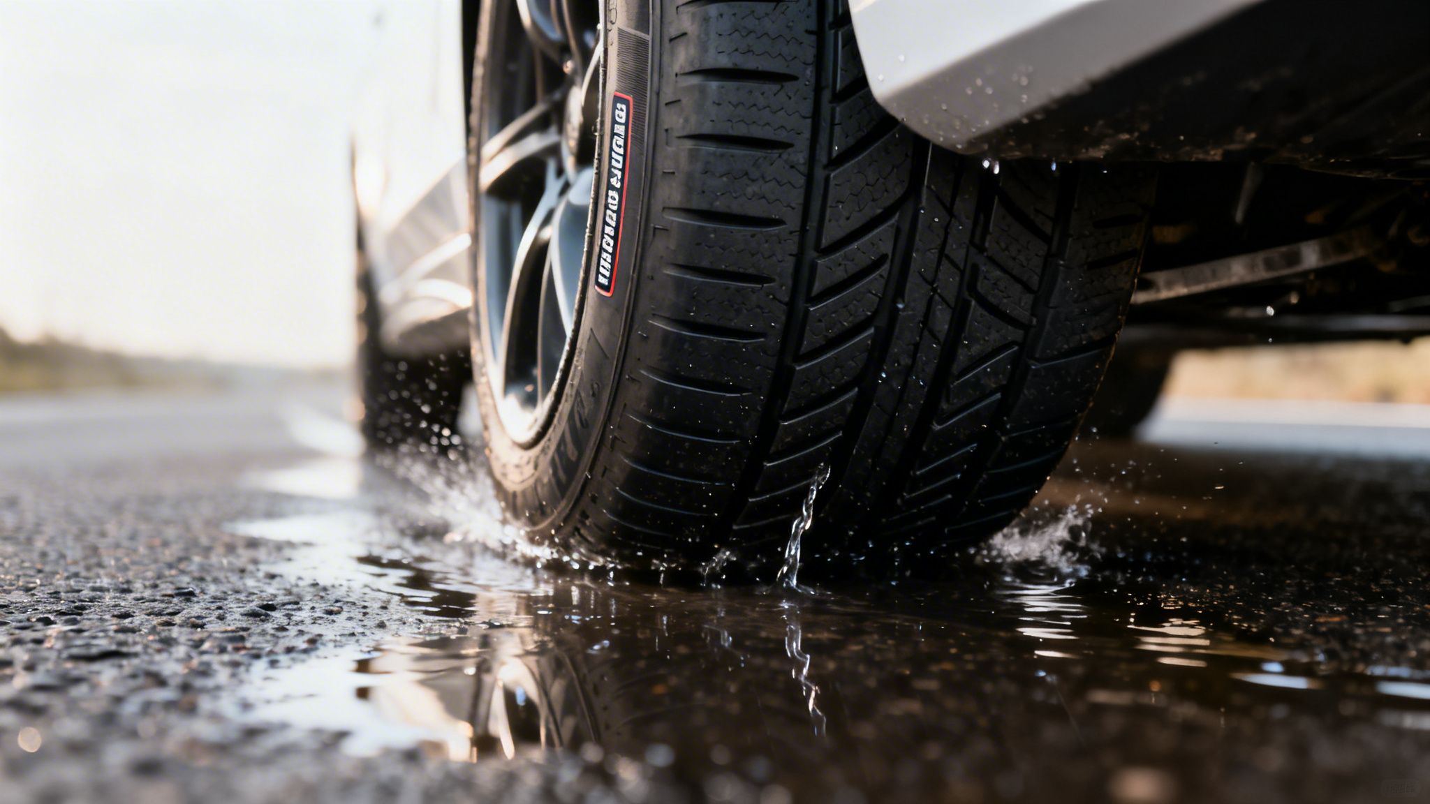 Close-up of a car tire splashing water on a wet asphalt road, showing tire tread.