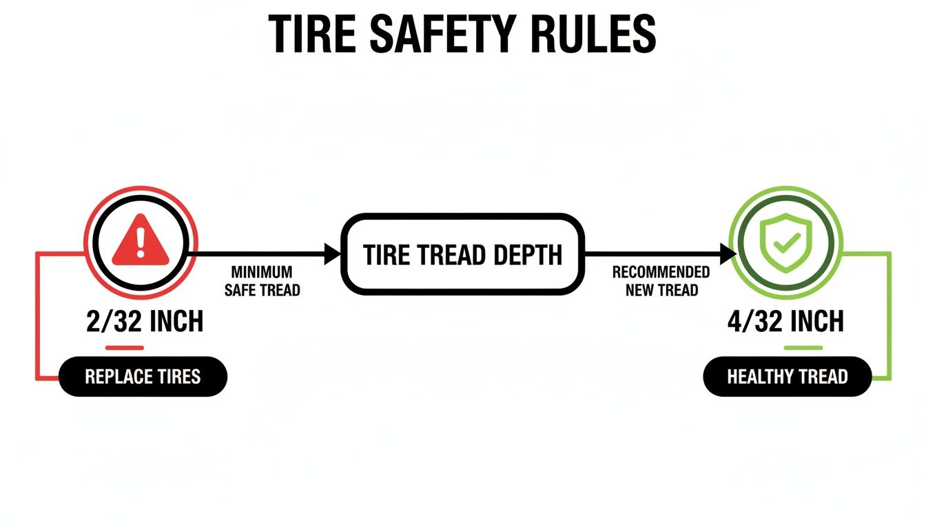 Infographic on tire safety rules, detailing minimum safe tread (2/32 inch) requiring replacement, and recommended healthy tread (4/32 inch).