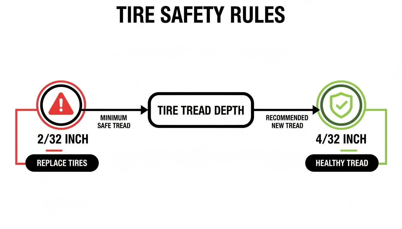 Infographic on tire safety rules, detailing minimum safe tread (2/32 inch) requiring replacement, and recommended healthy tread (4/32 inch).