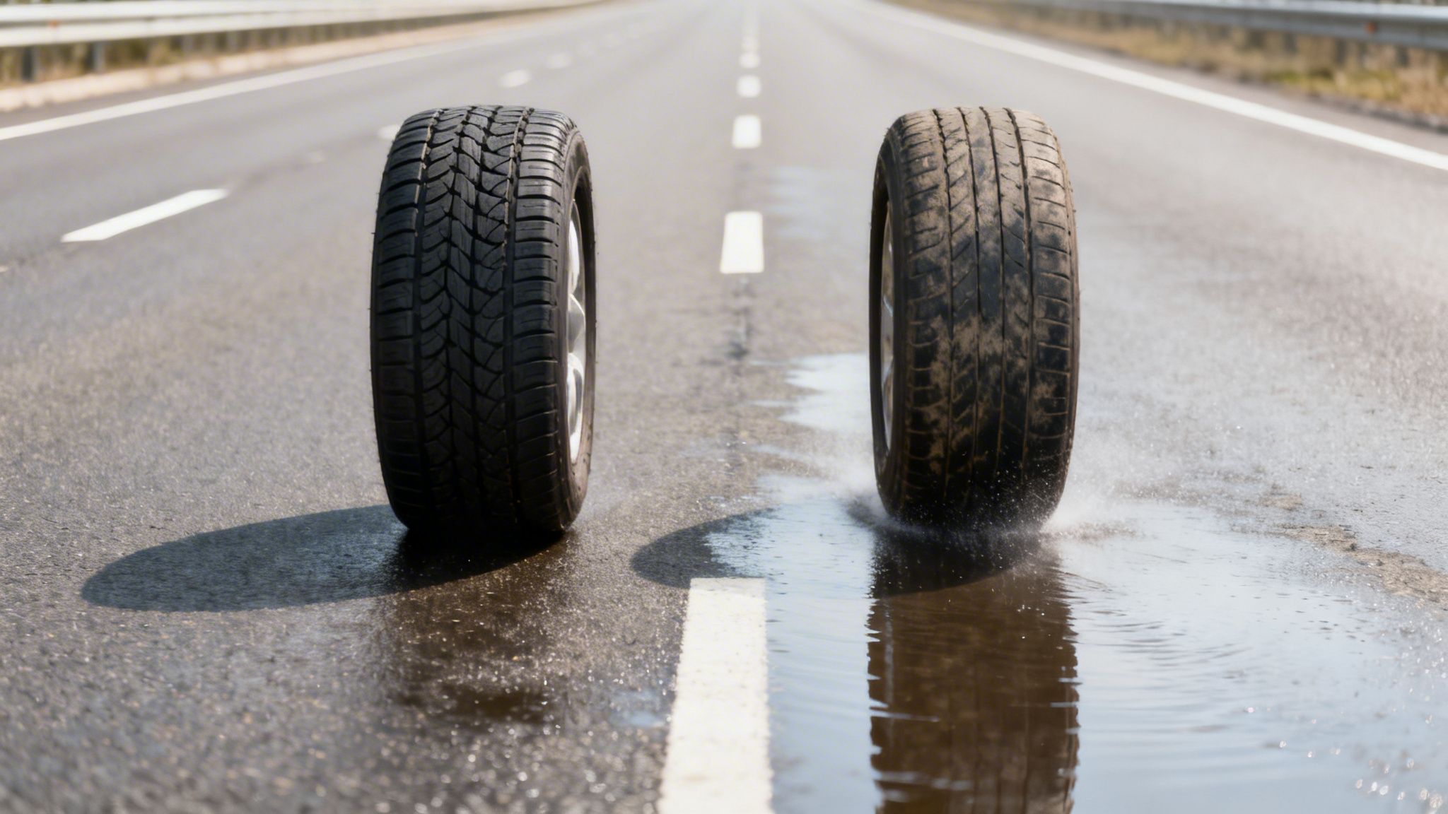 Two tires on a wet asphalt road, one splashing water, demonstrating wet weather safety.