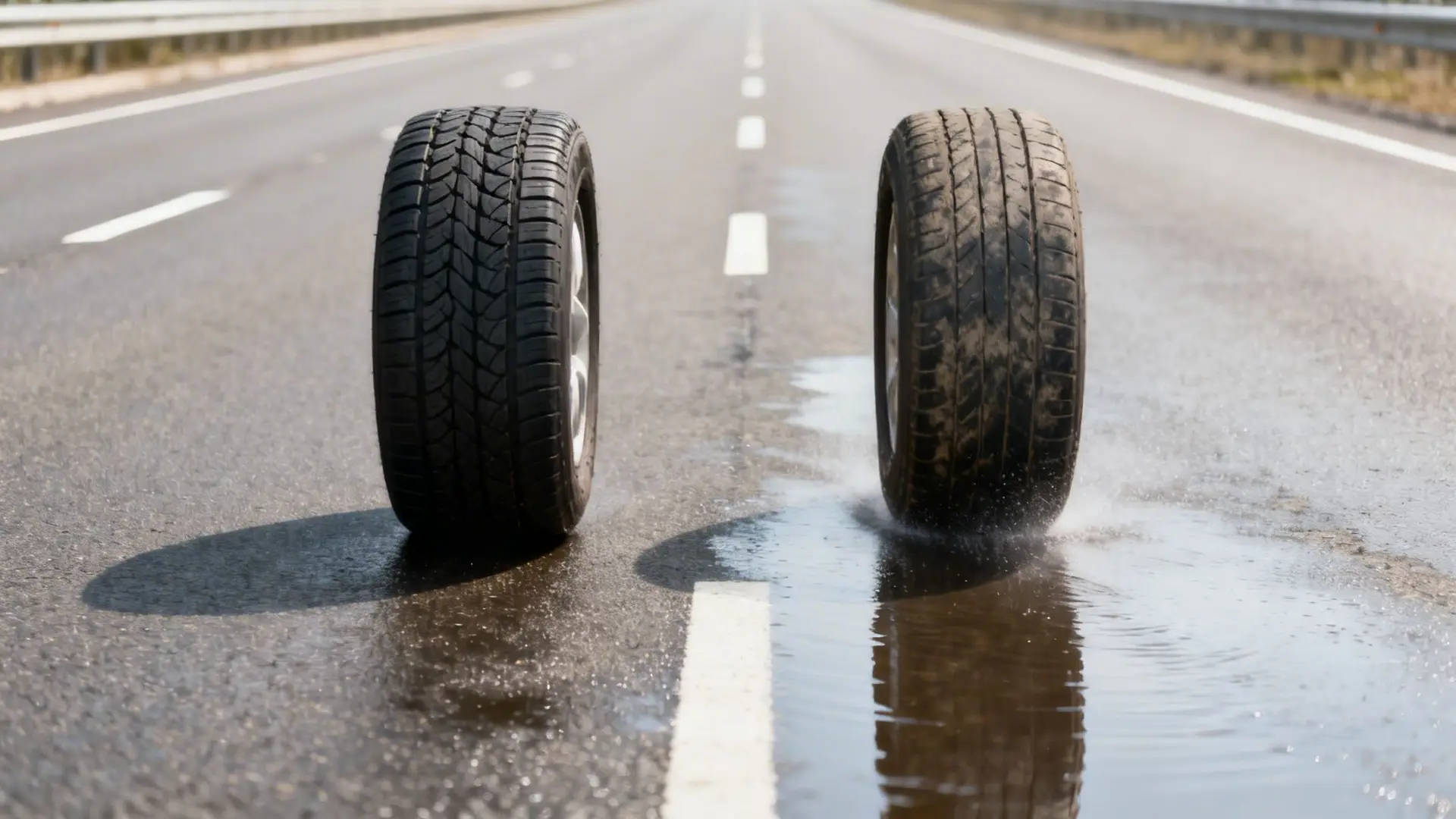 Two tires on a wet asphalt road, one splashing water, demonstrating wet weather safety.