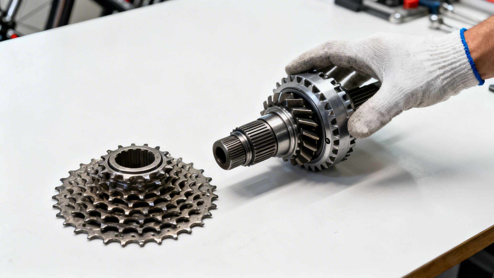 A gloved hand holds a complex metal gear assembly, next to a bicycle cassette on a white table.