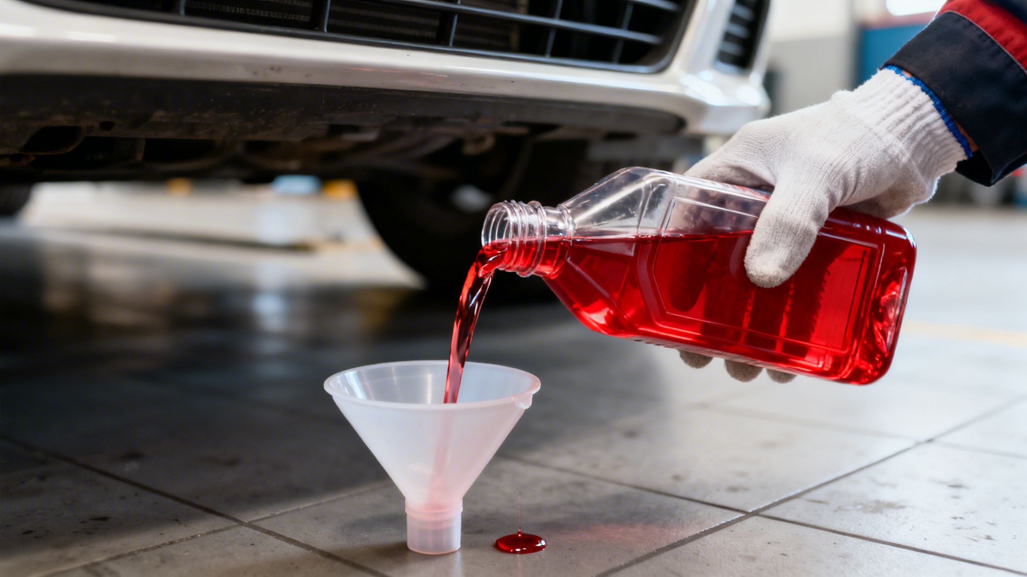 A gloved hand pours red transmission fluid from a bottle into a funnel under a car.