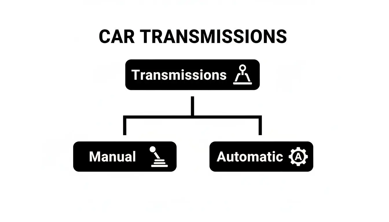 A simple flowchart illustrating car transmissions, categorizing them into manual and automatic types.
