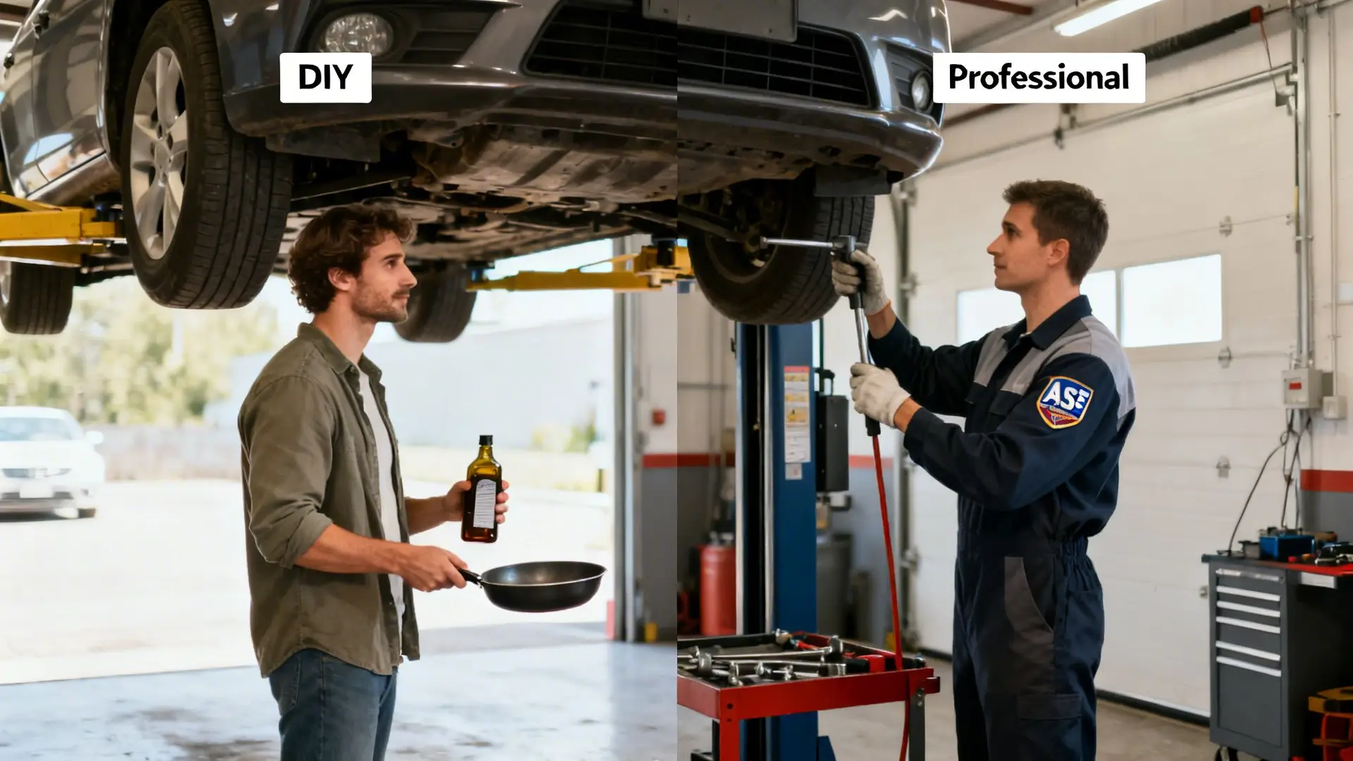 Image contrasting DIY car maintenance, with a man holding cooking oil, and a professional mechanic working.