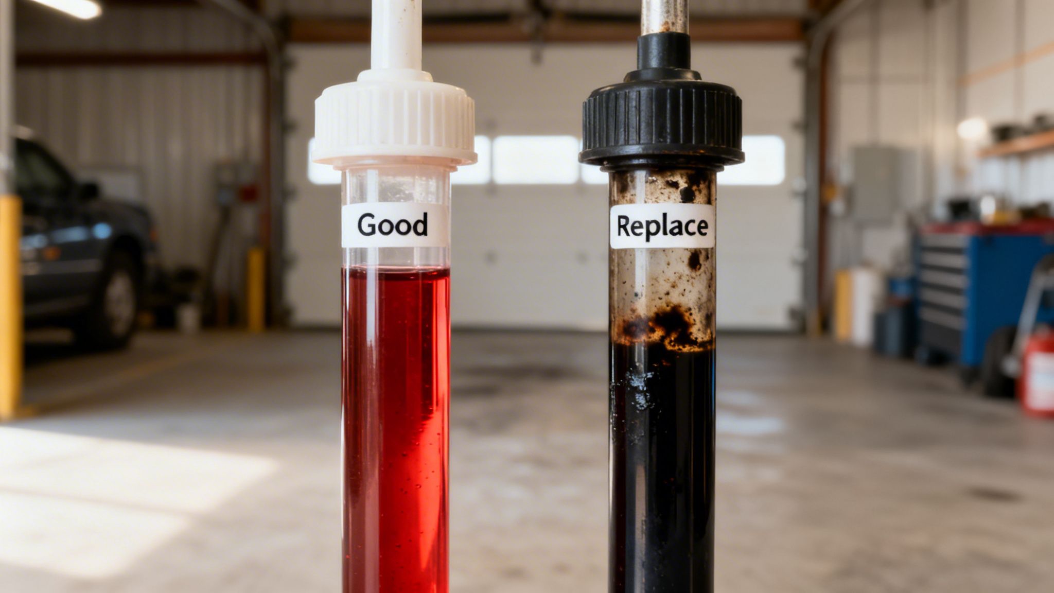 Two test tubes in a garage, one with clean red 'Good' transmission fluid and one with dirty black 'Replace' fluid.