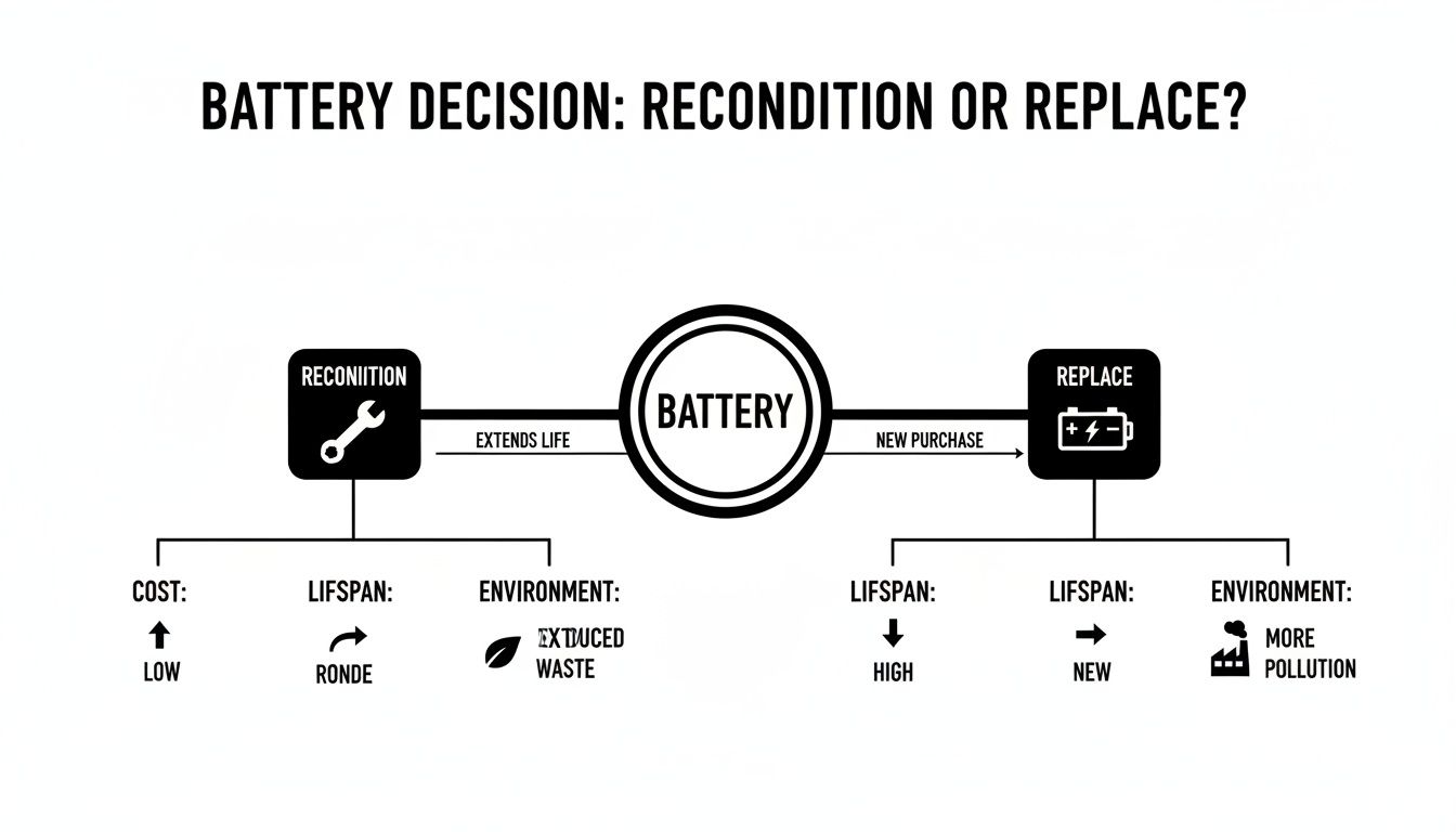 Infographic comparing battery reconditioning (low cost, extended life, reduced waste) with battery replacement (new purchase, more pollution).