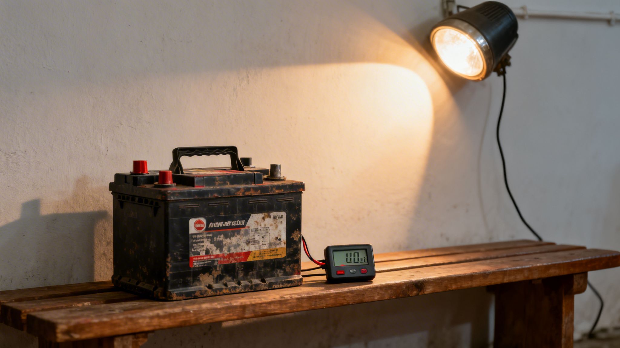 An old, dirty car battery on a wooden bench, connected to a digital multimeter showing 0.0.