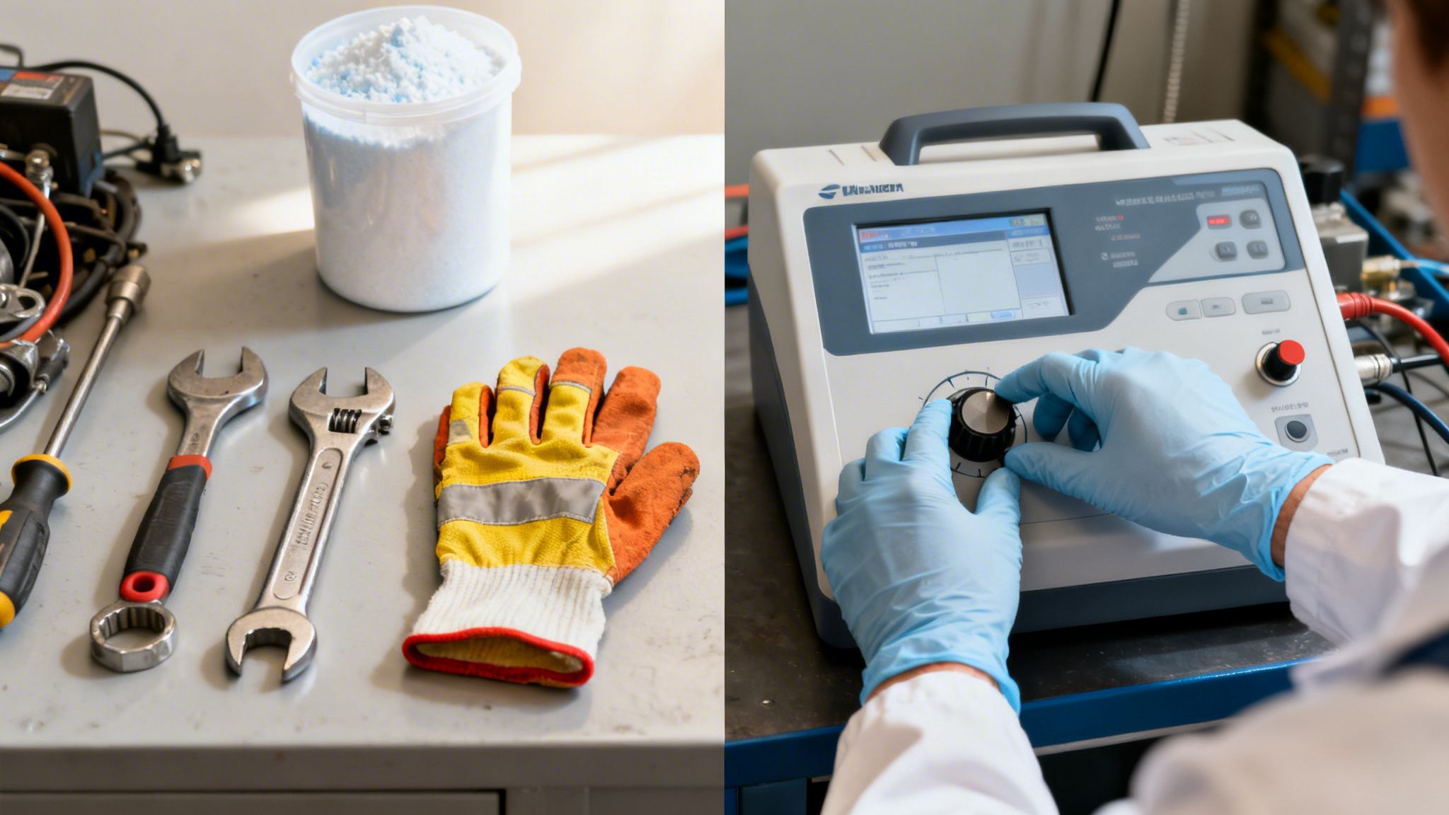 Tools, granular material, and a work glove on one side, a person operating lab equipment on the other.