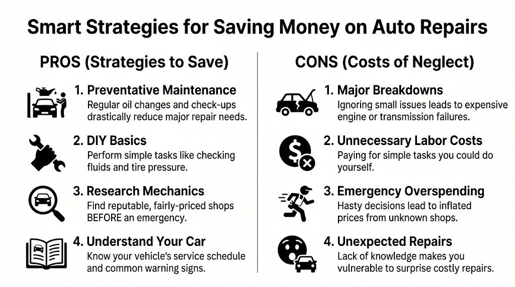 An infographic titled Smart Strategies for Saving Money on Auto Repairs showing pros and cons of vehicle maintenance.