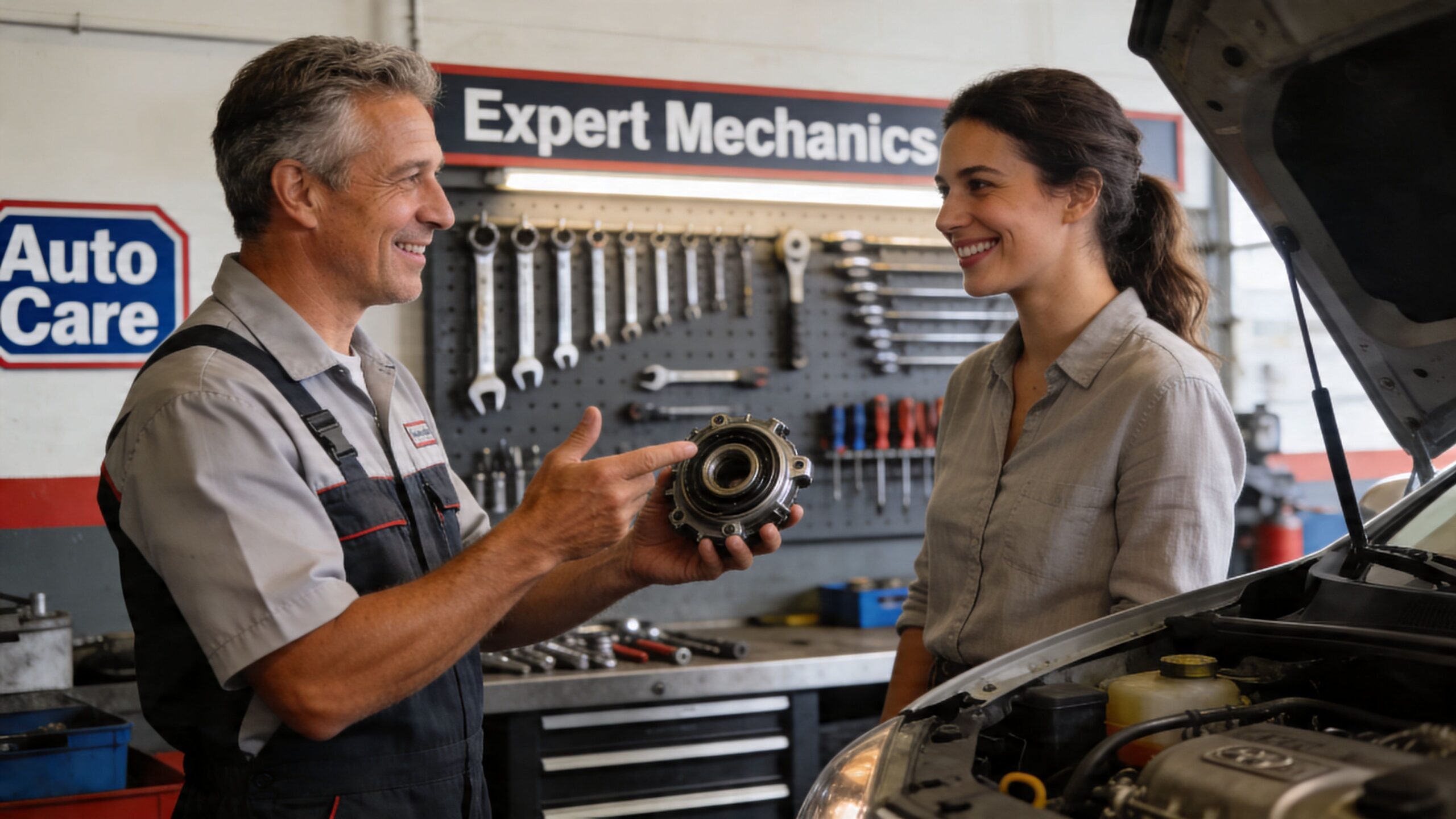 A friendly mechanic explaining a car part to a smiling customer in a professional automotive repair shop.