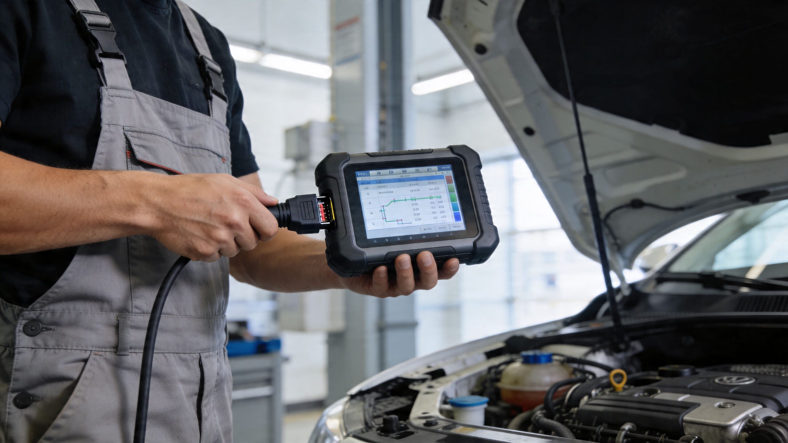 A mechanic in coveralls holds a diagnostic scanner tool to troubleshoot a car engine in a workshop.