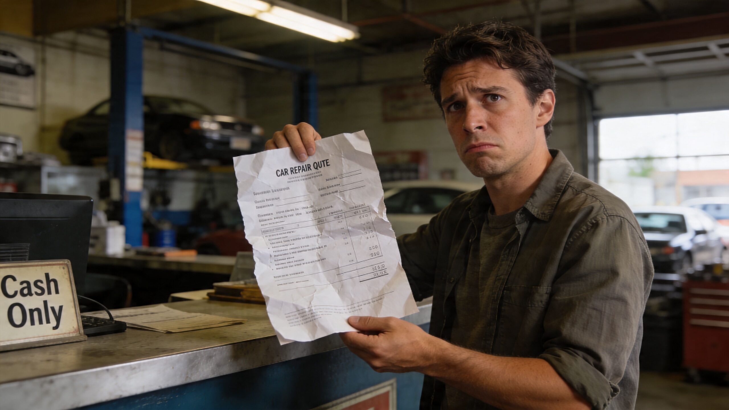 A concerned young man holding a crumpled and expensive-looking car repair quote at a mechanic shop.
