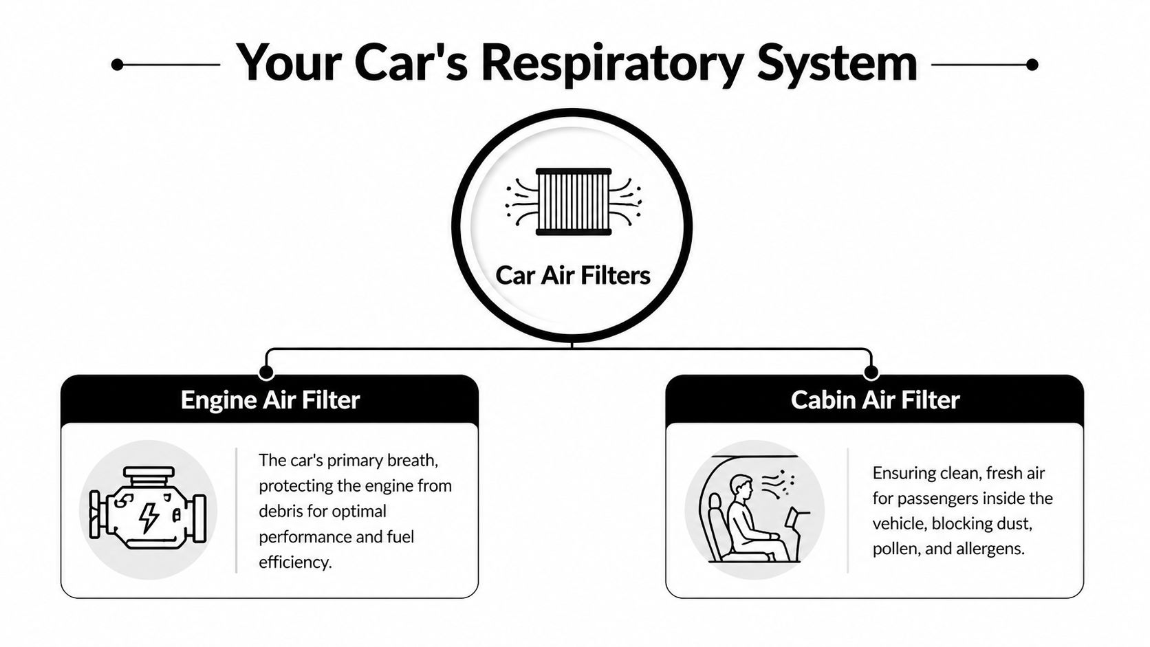A diagram illustrating car air filters, featuring an engine air filter and a cabin air filter description.