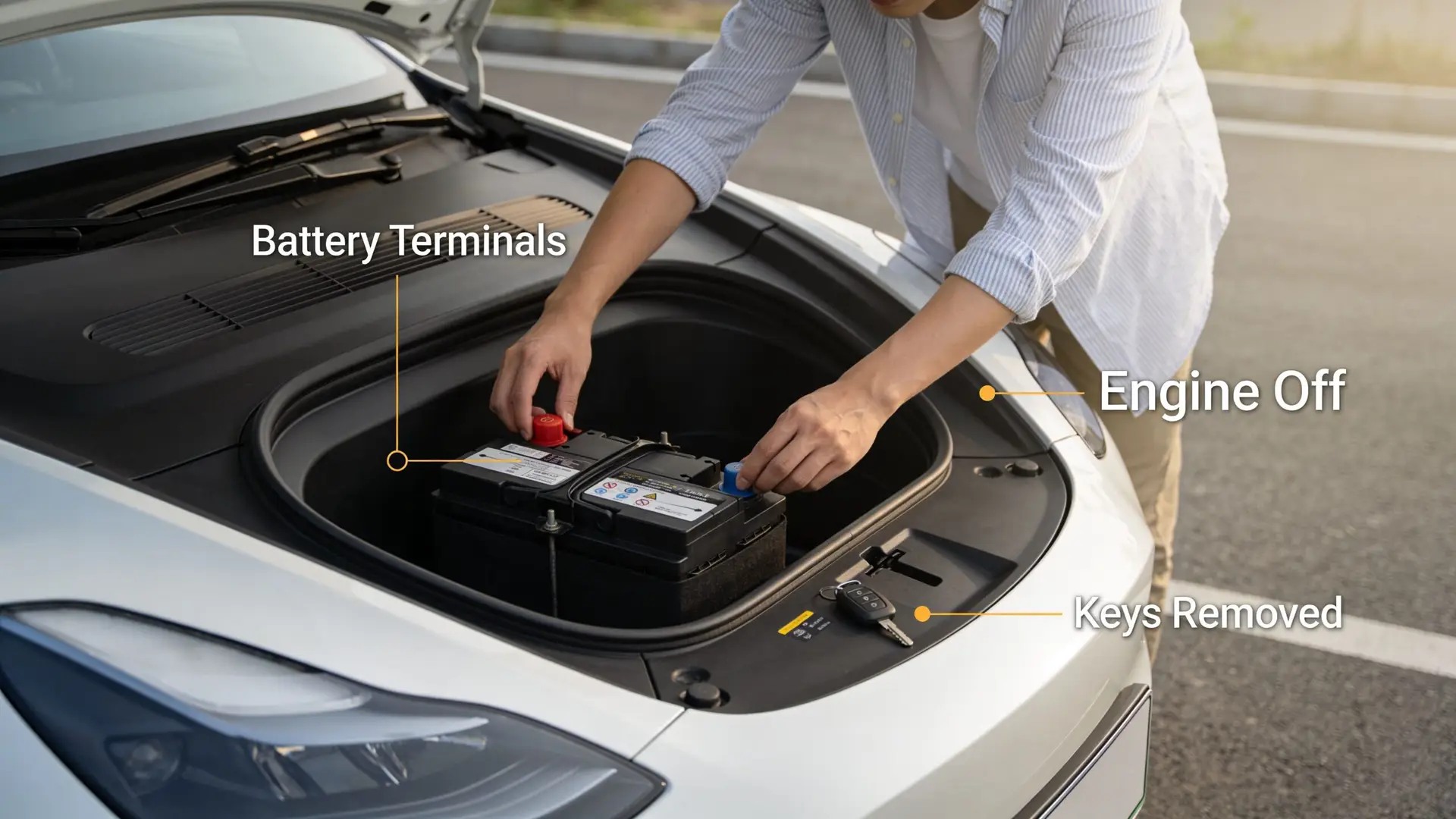 A person inspecting or replacing a car battery in the open front trunk of a vehicle.