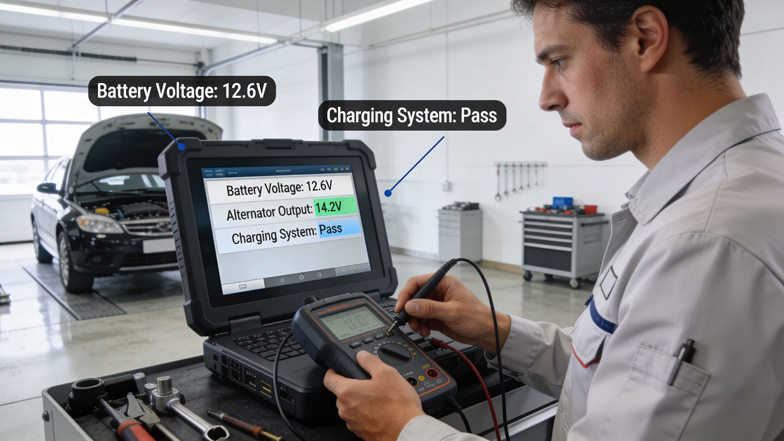 A professional automotive technician uses diagnostic equipment to test a car battery and charging system in a garage.
