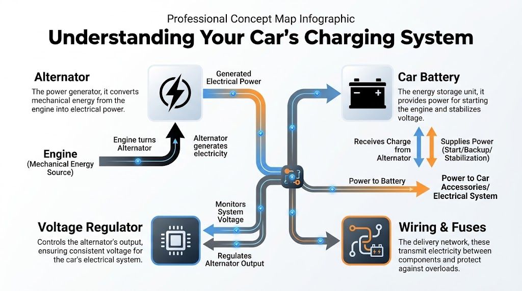 A professional infographic illustrating the components of a car charging system including the alternator, battery, and engine.