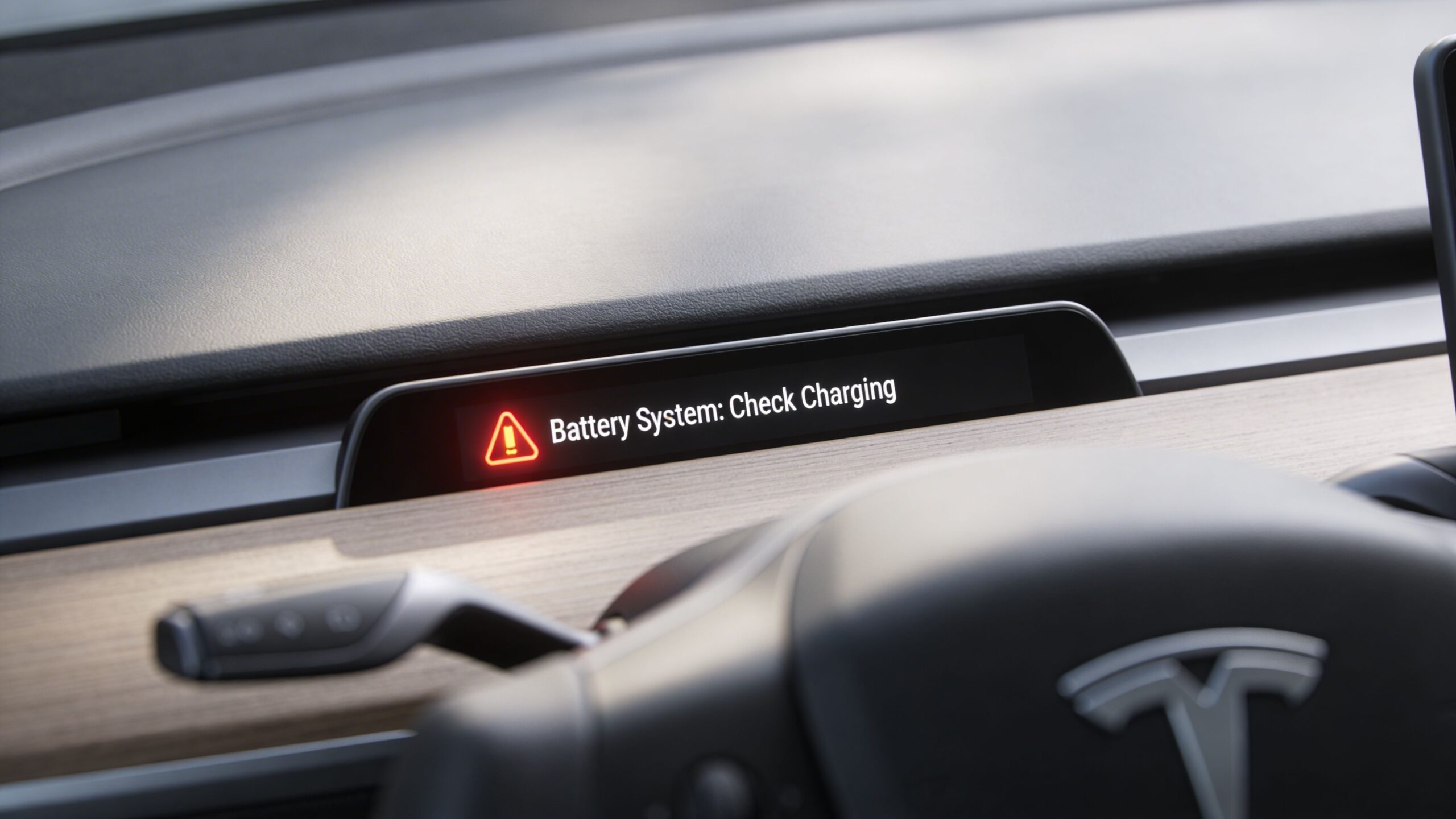 A close-up of a Tesla dashboard showing a warning message that states Battery System Check Charging.
