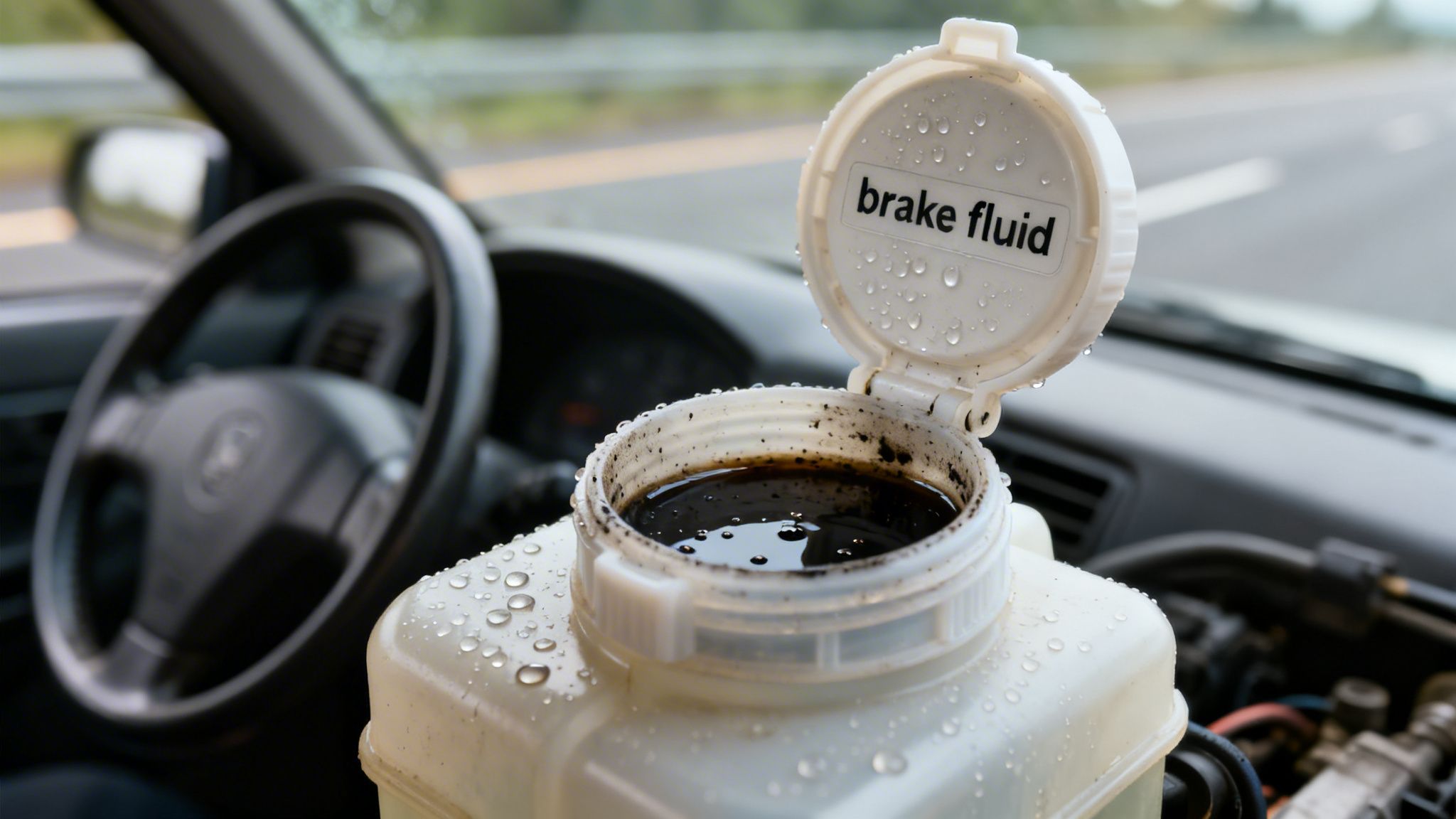 Close-up of a dirty brake fluid reservoir in a car, with the 'brake fluid' cap open and water droplets.