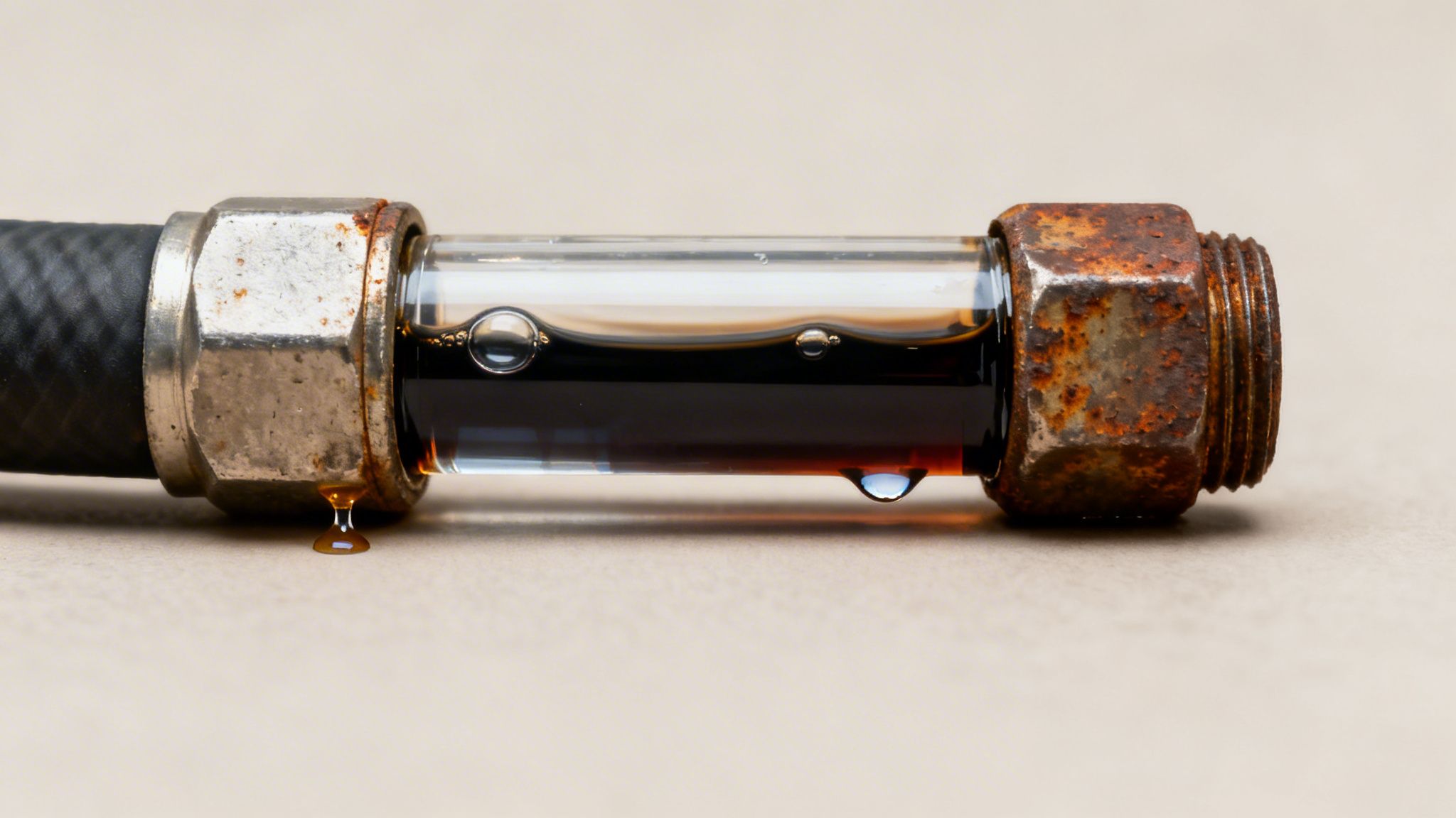A section of a hose with a clear glass tube showing dark, leaking fluid and rusty fittings.