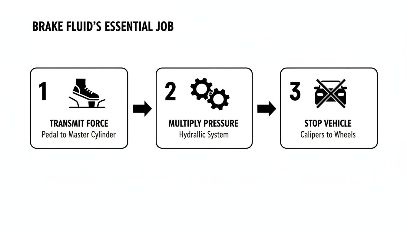 Diagram explaining brake fluid's three essential jobs: transmitting force, multiplying pressure, and stopping a vehicle.
