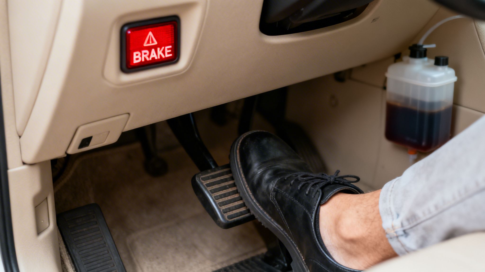 A driver's foot presses the brake pedal, with a 'BRAKE' warning light illuminated and a fluid reservoir visible.