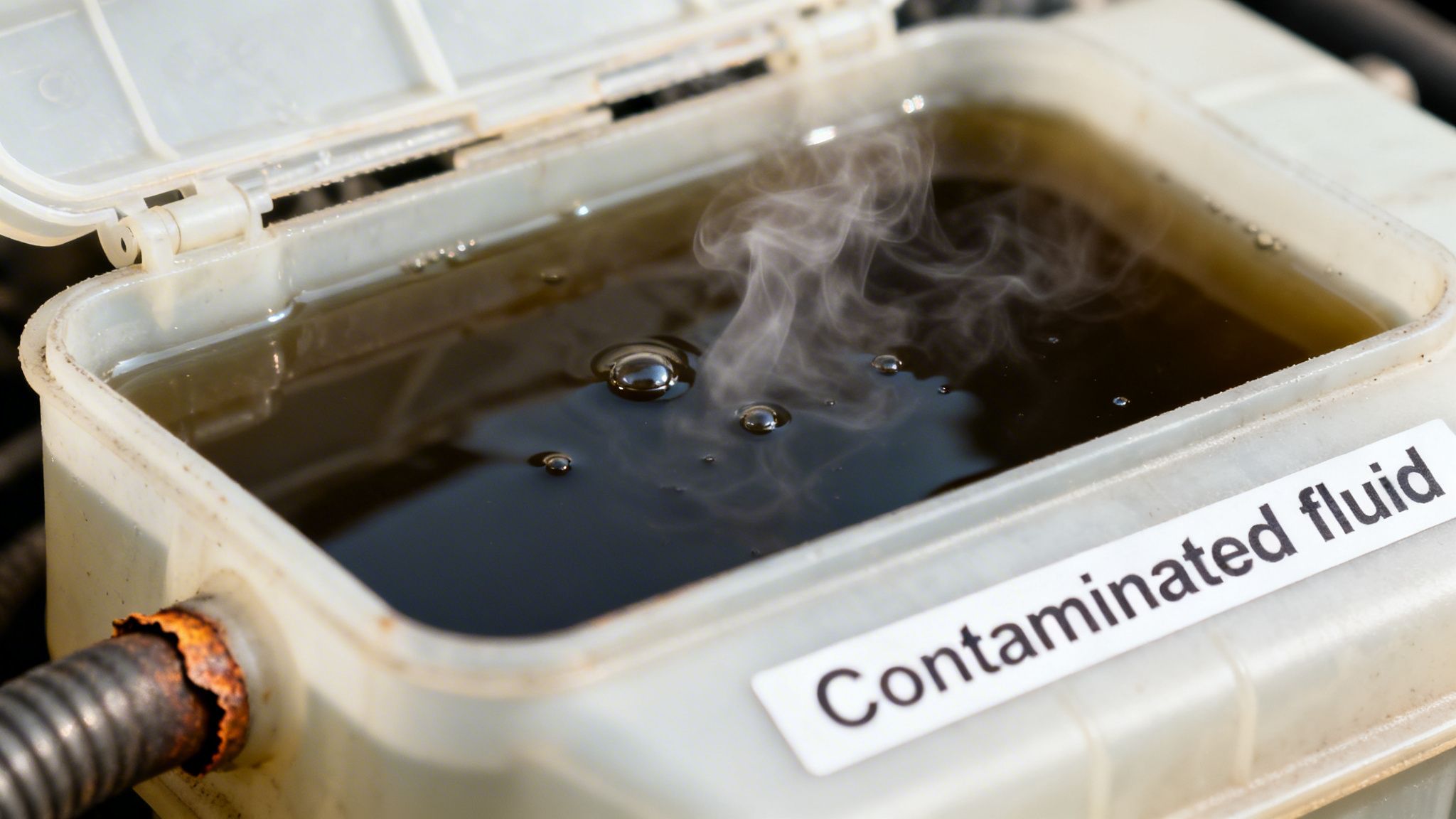 Close-up of a car's brake fluid reservoir showing dark, steaming, contaminated fluid and a rusty pipe.