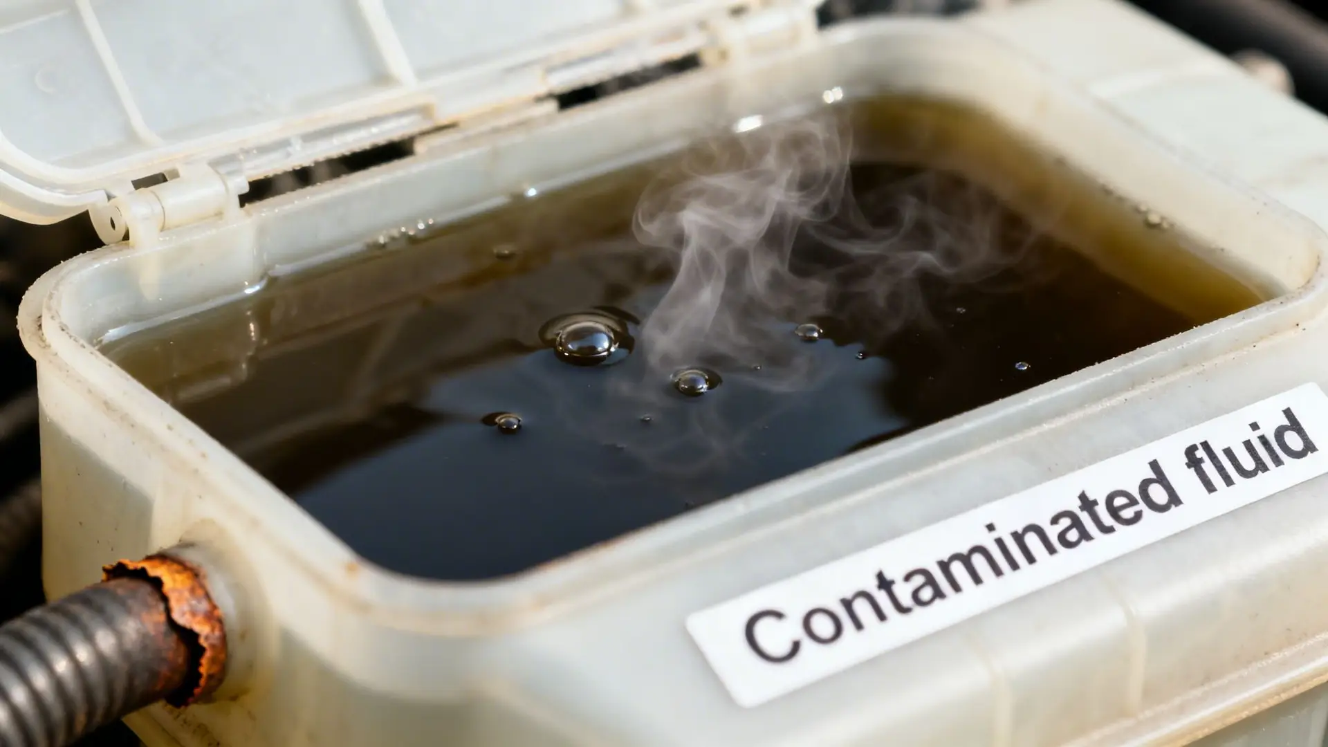 Close-up of a car's brake fluid reservoir showing dark, steaming, contaminated fluid and a rusty pipe.