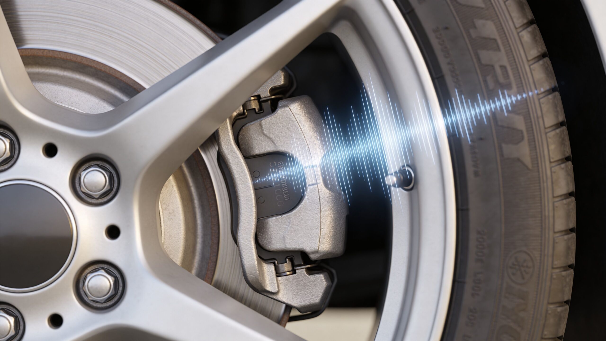 Close-up view of a car brake system with a digital sound wave graphic overlaying the assembly.